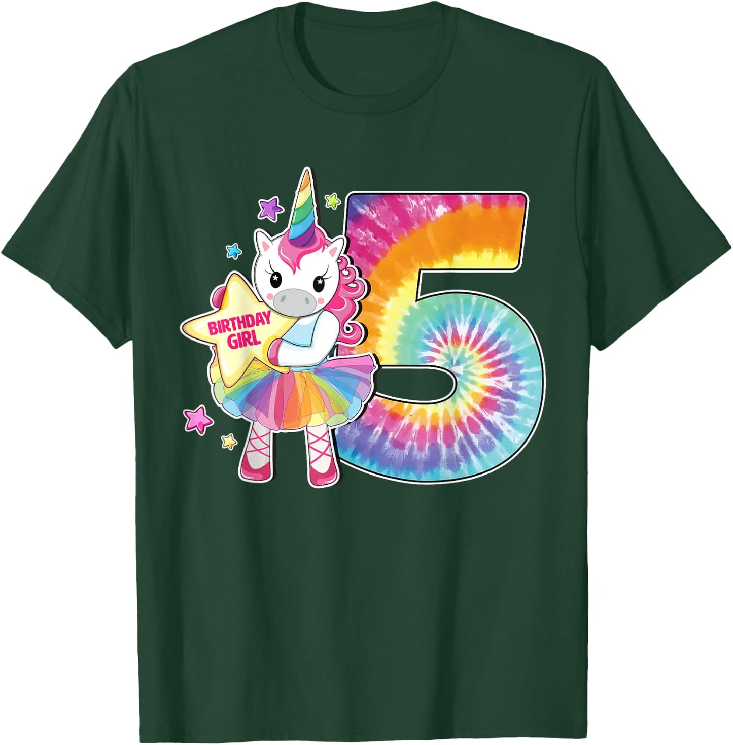 5th Birthday Unicorn Shirt Gift Girls Age 5 Tie Dye T-Shirt - T-Shirt | Forest