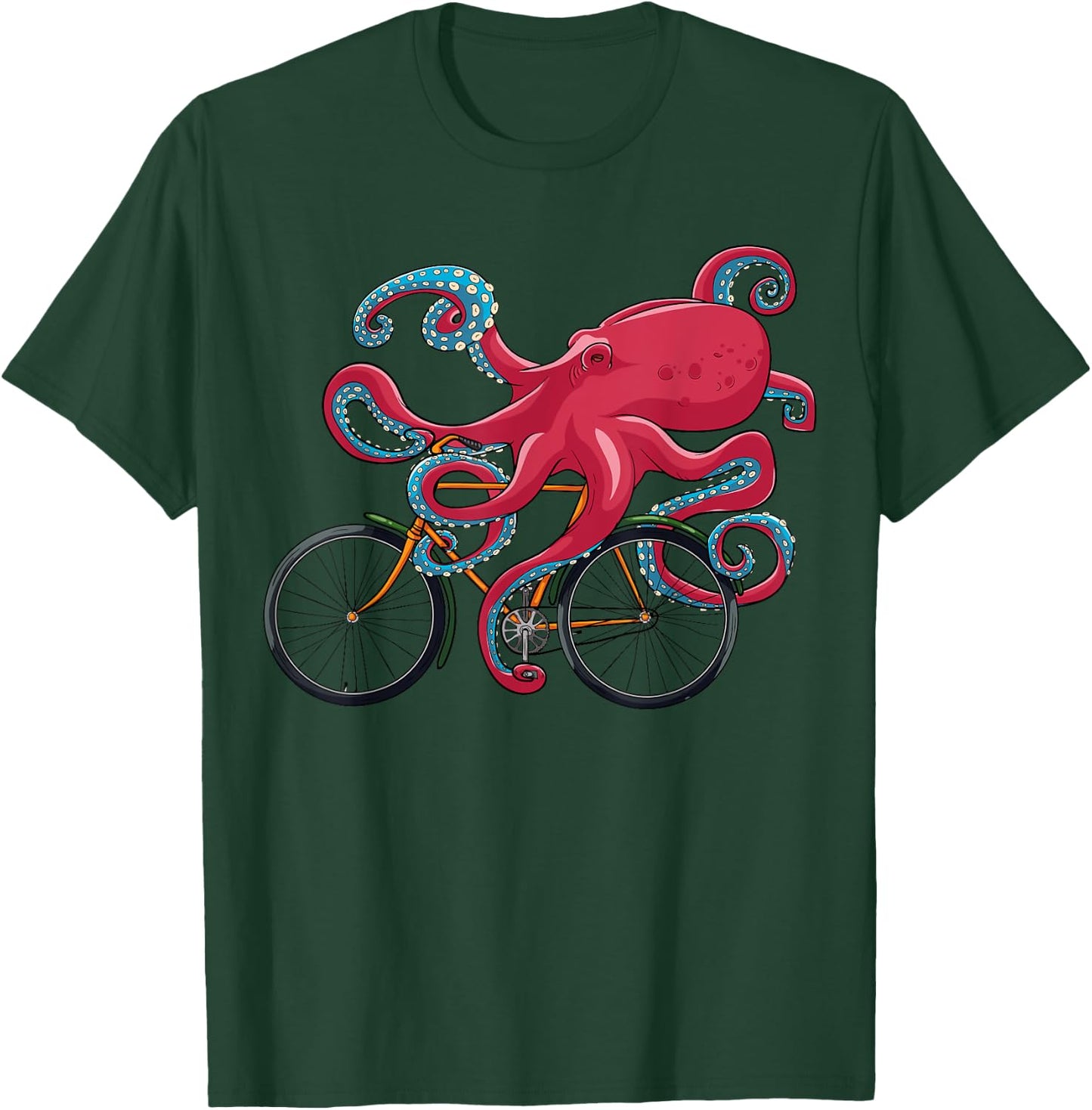 Octopus On Bicycle Cycling Eight Long Arms Graphic Print T-Shirt - T-Shirt | Forest