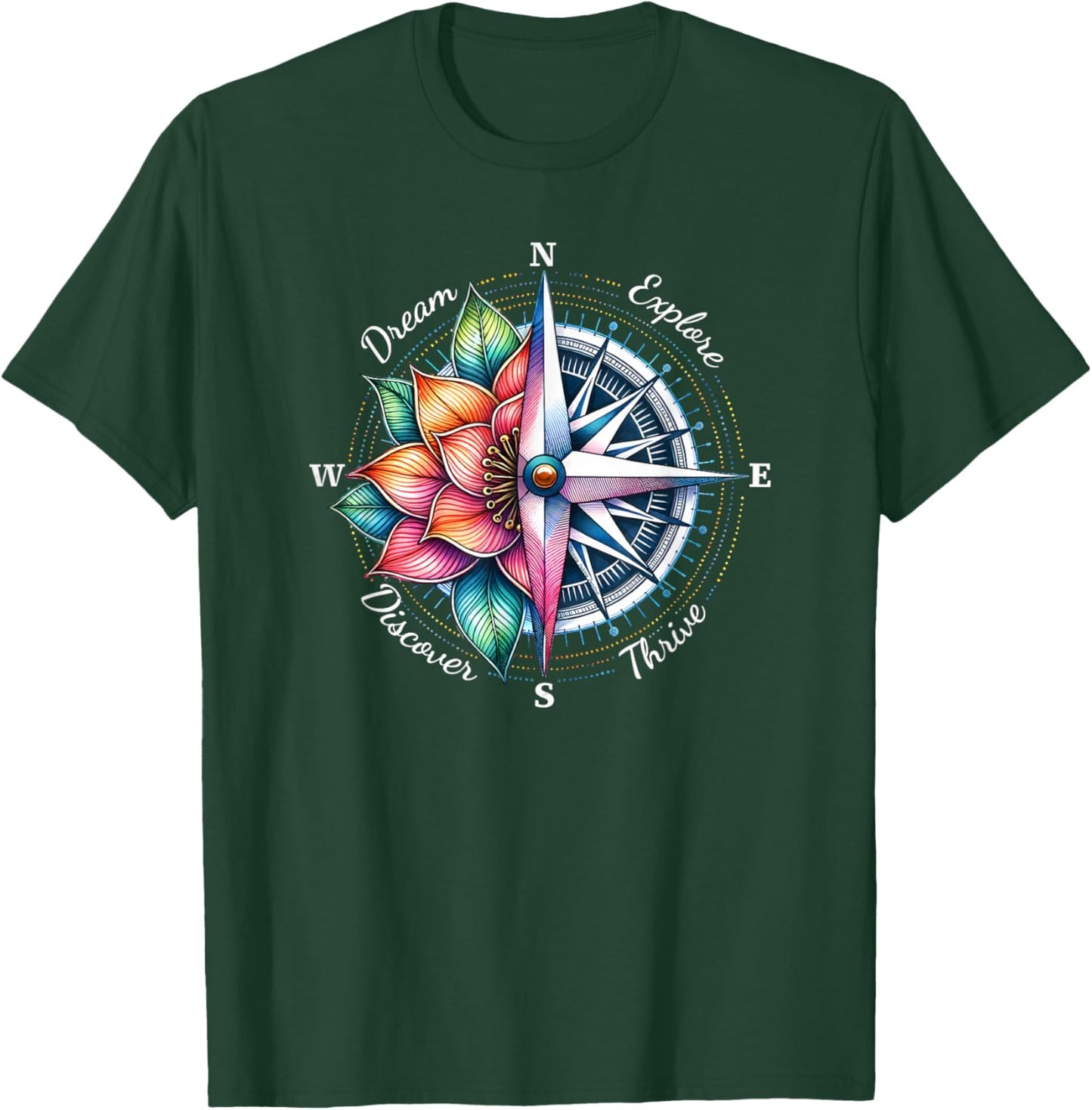 Traveler Compass Dream Explore Discover Thrive Adventure T-Shirt - T-Shirt | Forest
