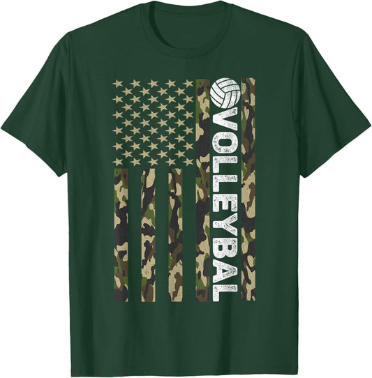 Volleyball Camouflage USA Patriotic 4th Of July Men Women T-Shirt - T-Shirt | Forest