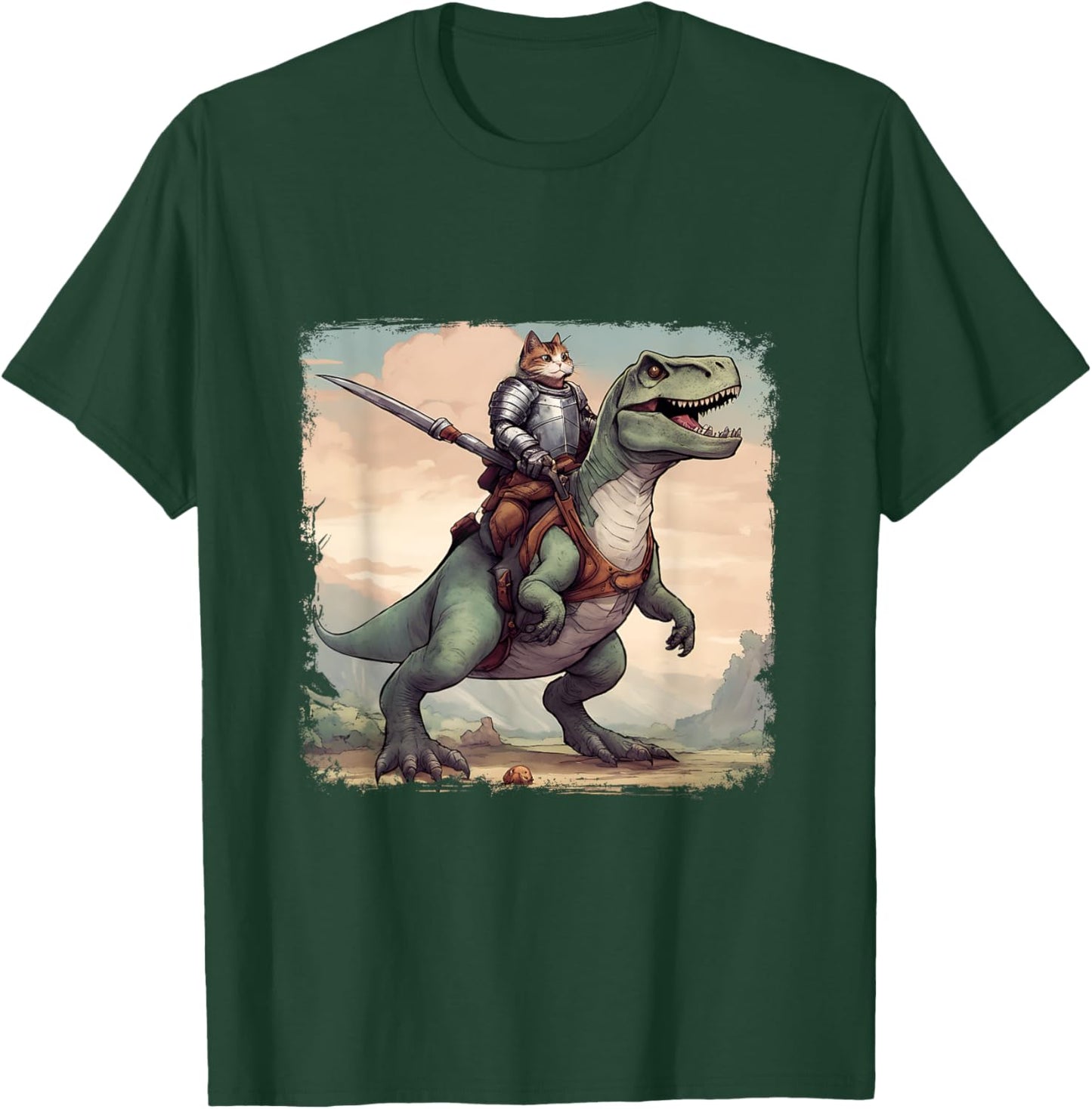 Cat Knight riding a T-Rex. Fun Men Women T-Shirt - T-Shirt | Forest