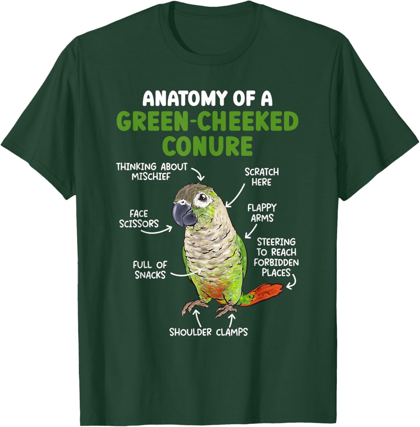 Anatomy Of A Green Cheeked Conure Parrot Bird Conure T-Shirt - T-Shirt | Forest