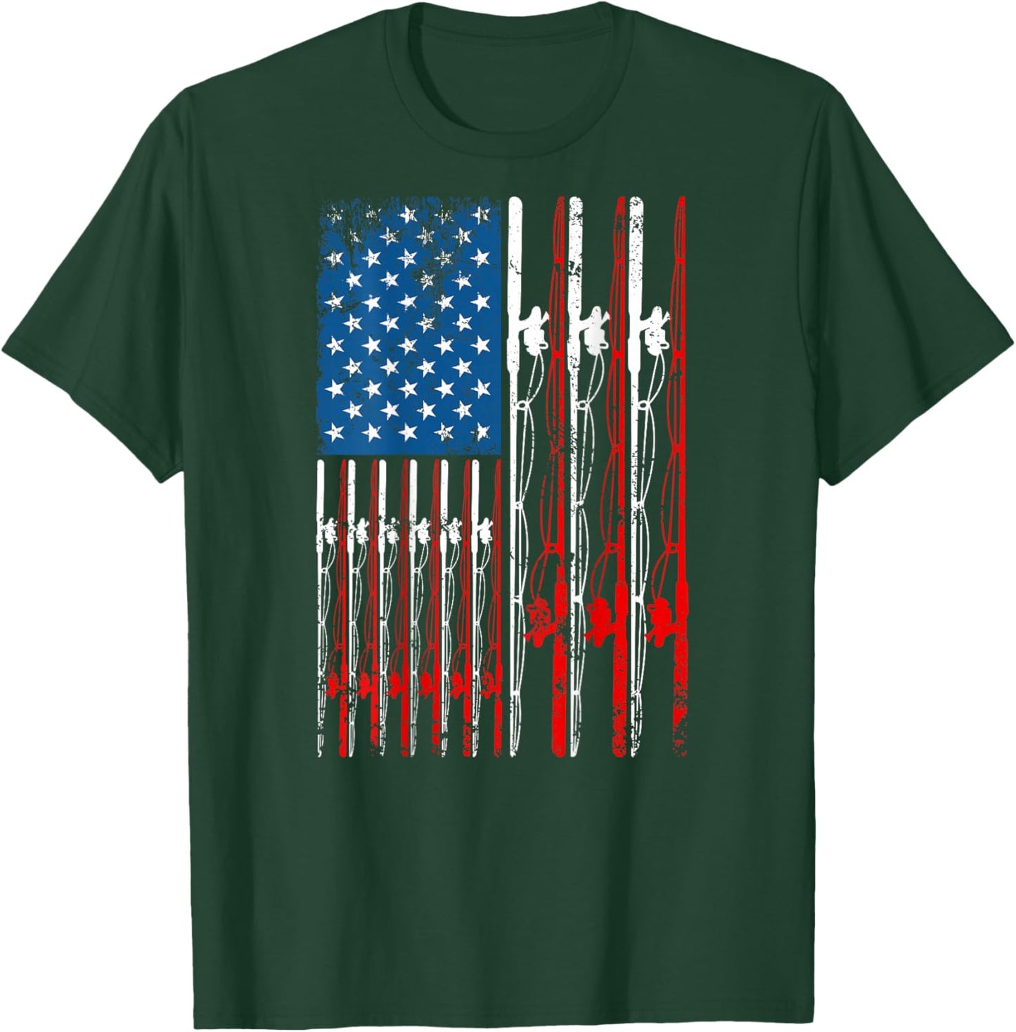 American Flag Fishing Rod Fishing Lover Vintage Fisherman T-Shirt - T-Shirt | Forest