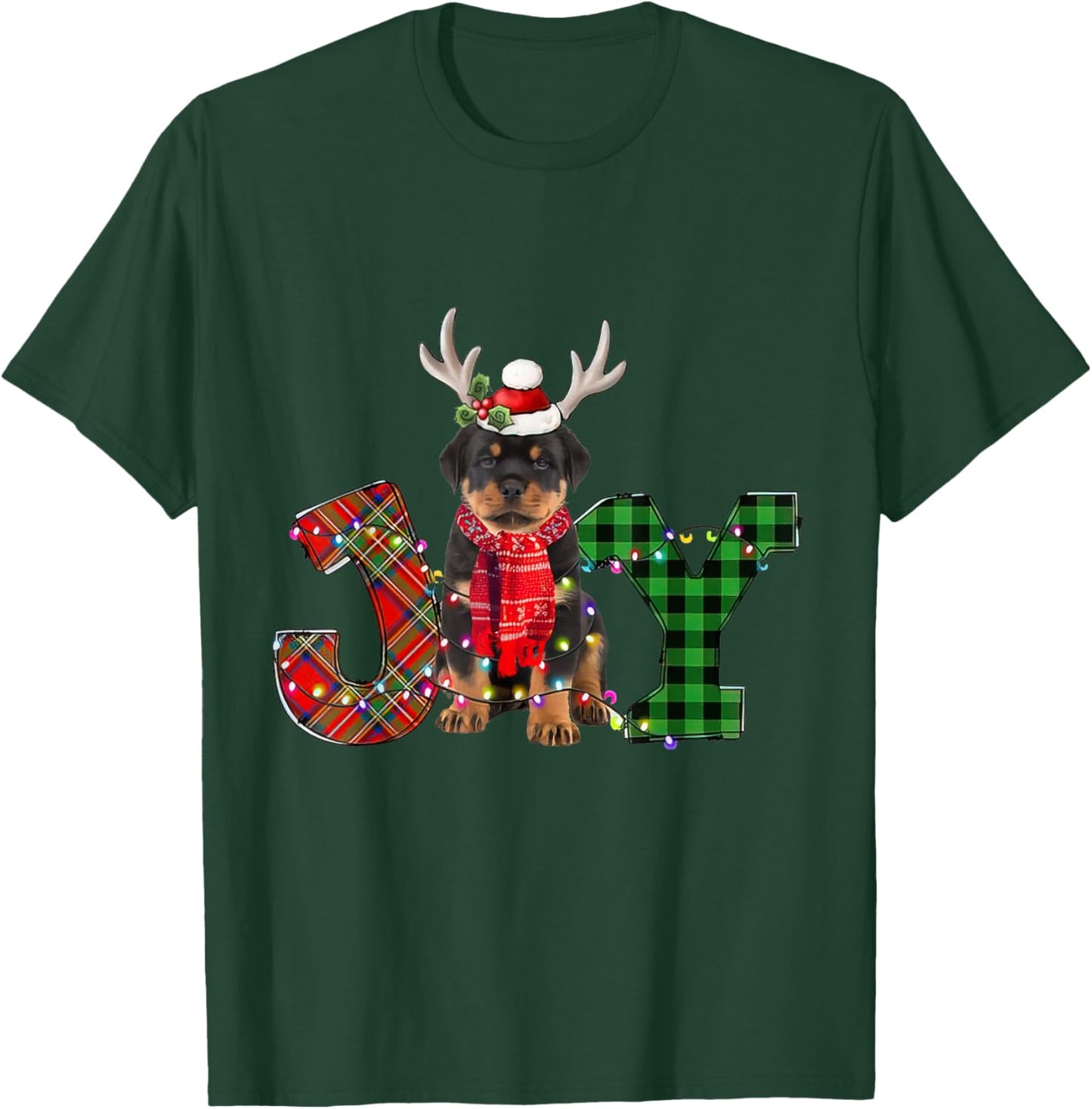 Joy Christmas Lights Rottweiler Dog Santa Hat Pajama Women Kids T-Shirt - T-Shirt | Forest