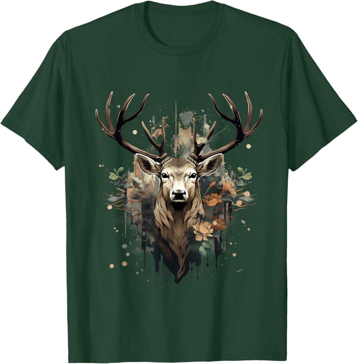Deer Portrait Floral Artwork Wildlife Nature Animal Lovers T-Shirt - T-Shirt | Forest