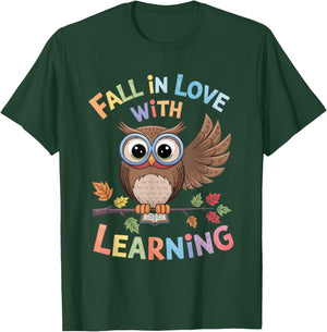 Fall In Love With Learning Owl Funny Thanksgiving Teacher T-Shirt - T-Shirt | Forest