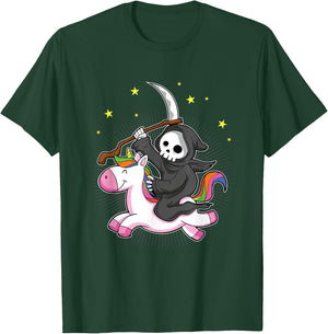 Death Metal Rock Music Halloween Grim Reaper Riding Unicorn T-Shirt - T-Shirt | Forest