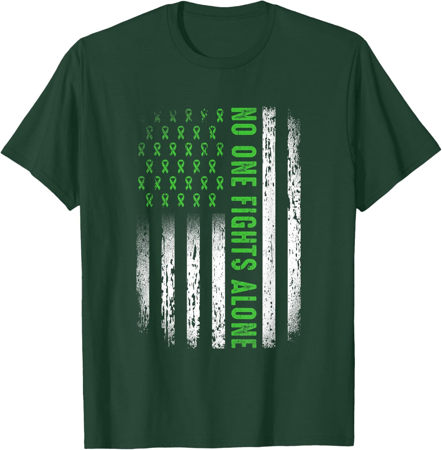 American Flag No One Fights Mental Health Alone Green Ribbon T-Shirt - T-Shirt | Forest