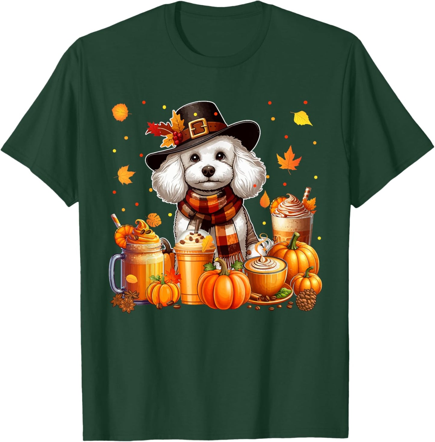 Poodle Thanksgiving Drinks Coffee Fall Leaves Pumpkins T-Shirt - T-Shirt | Forest