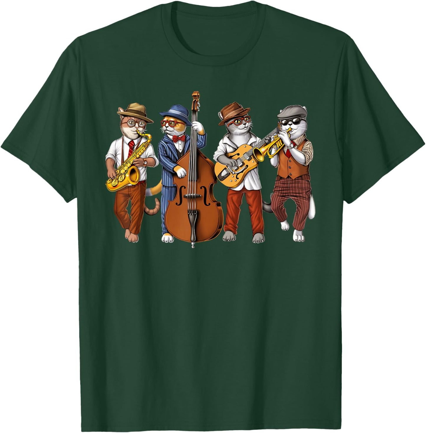 Cat Saxophone Player Jazz Musician Trumpet Double Bass T-Shirt - T-Shirt | Forest