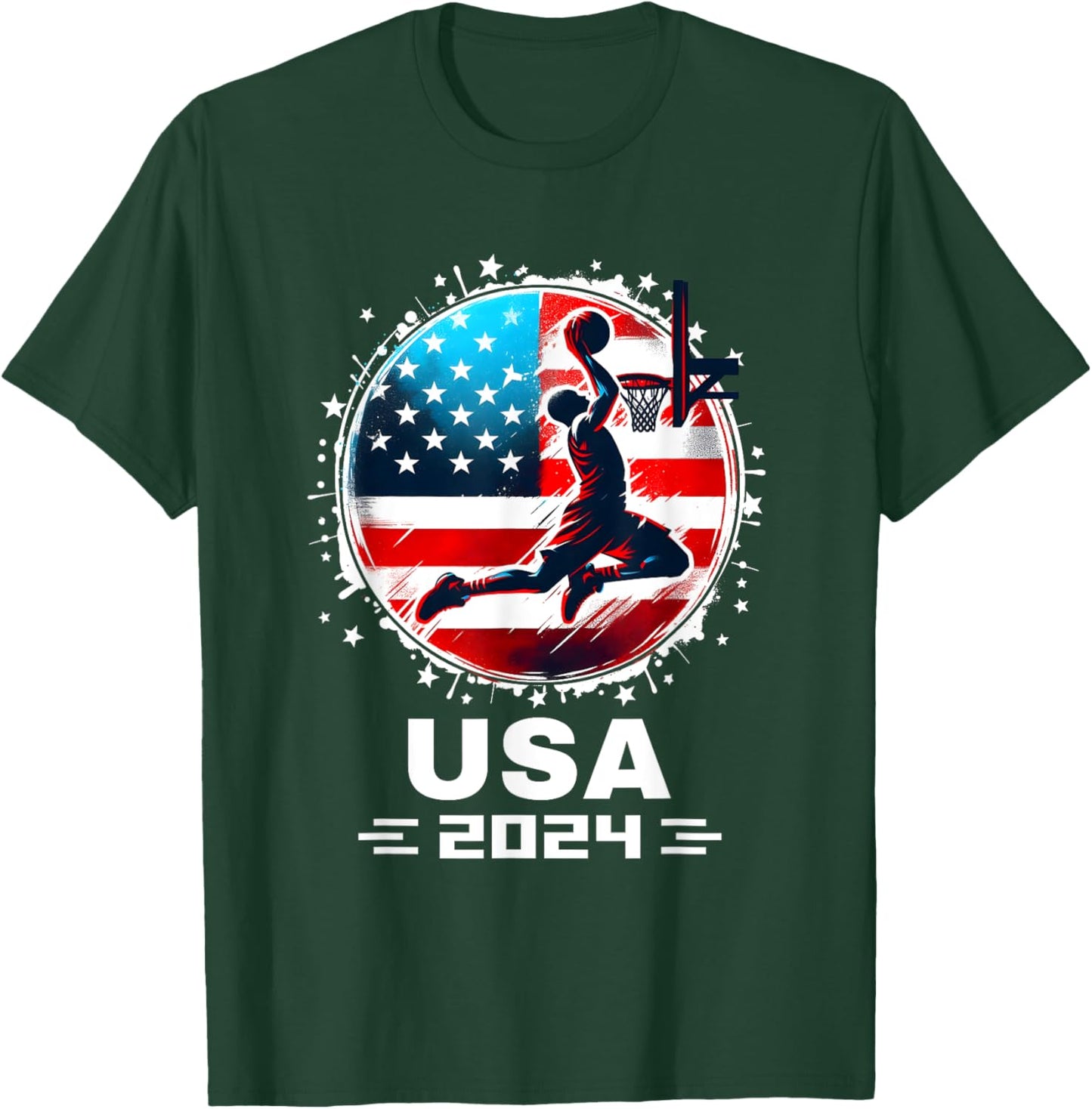 USA Team 2024 United States American Flag Basketball USA T-Shirt - T-Shirt | Forest