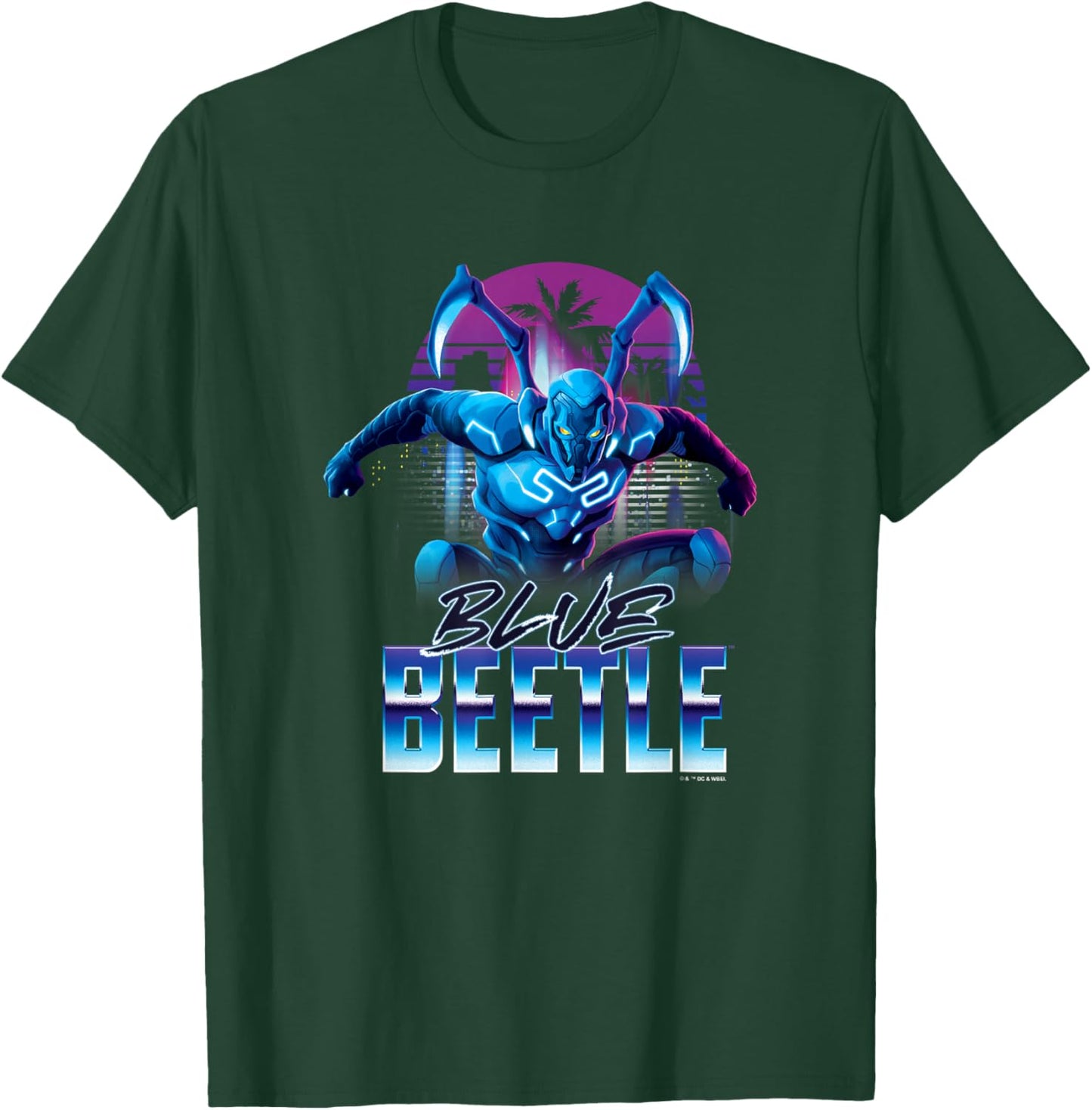 Blue Beetle Neon City Lights Super Hero Action Portrait T-Shirt - T-Shirt | Forest