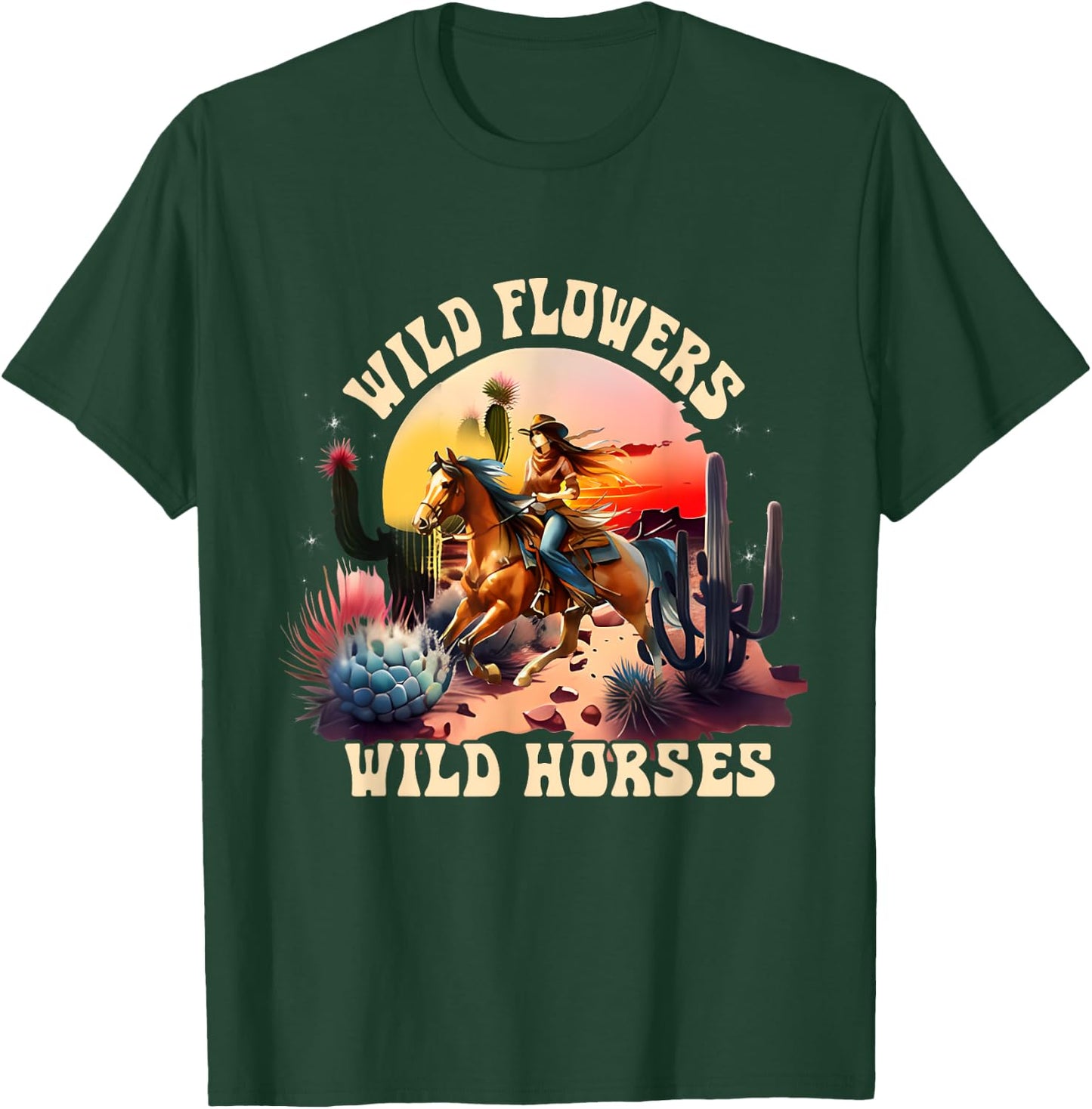 Sunset Cowgirl Riding Horse Wild Flowers - Wild Horses T-Shirt - T-Shirt | Forest