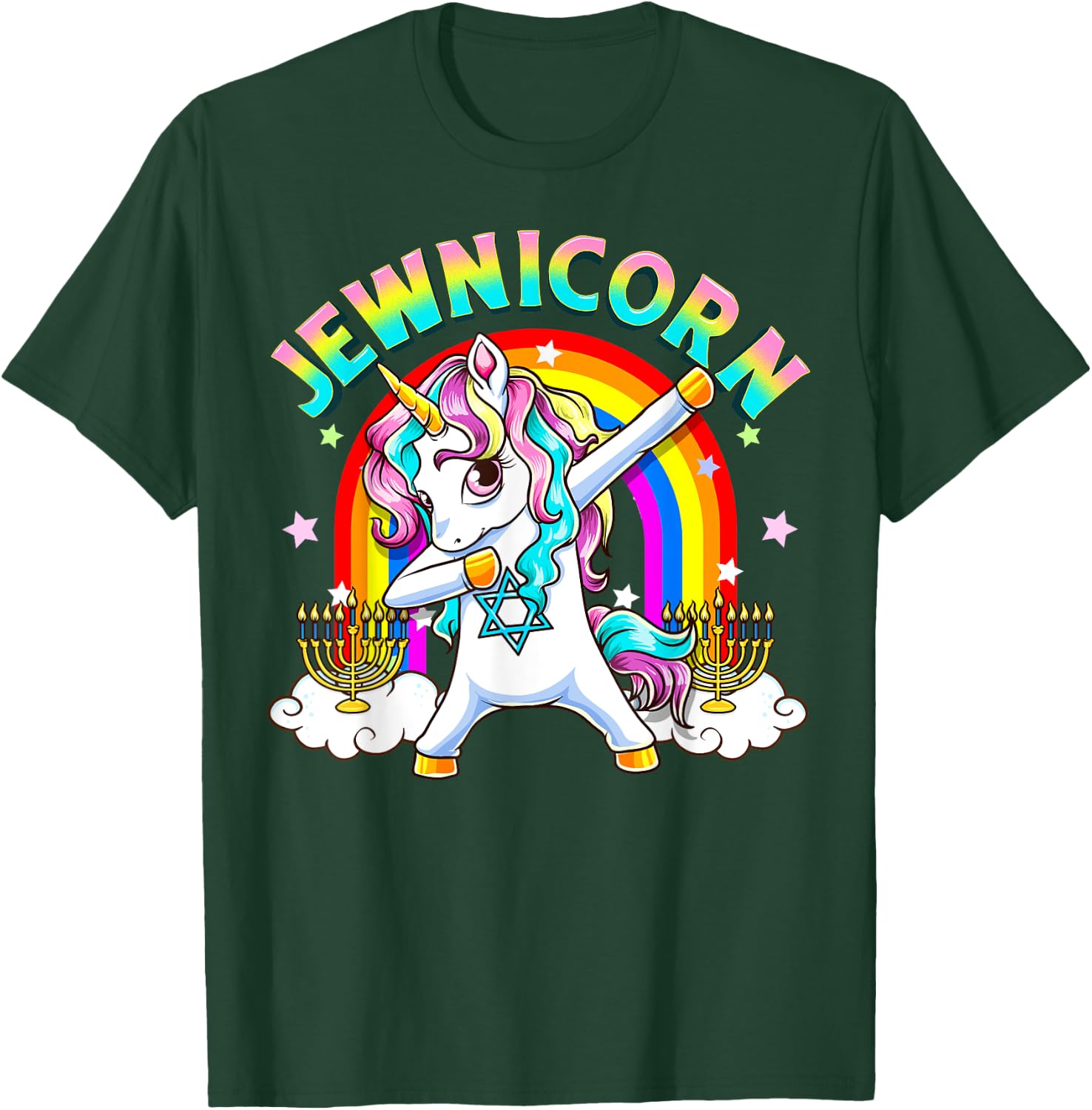 Jewnicorn Funny Cute Hanukkah Jewish Rainbow Unicorn Menorah T-Shirt - T-Shirt | Forest