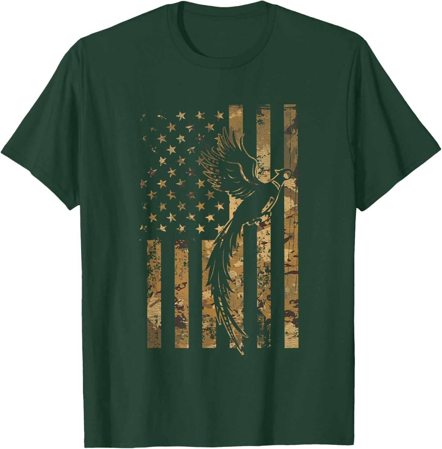 Pheasant Bird Hunter American Flag Camouflage Pheasant Hunt T-Shirt - T-Shirt | Forest