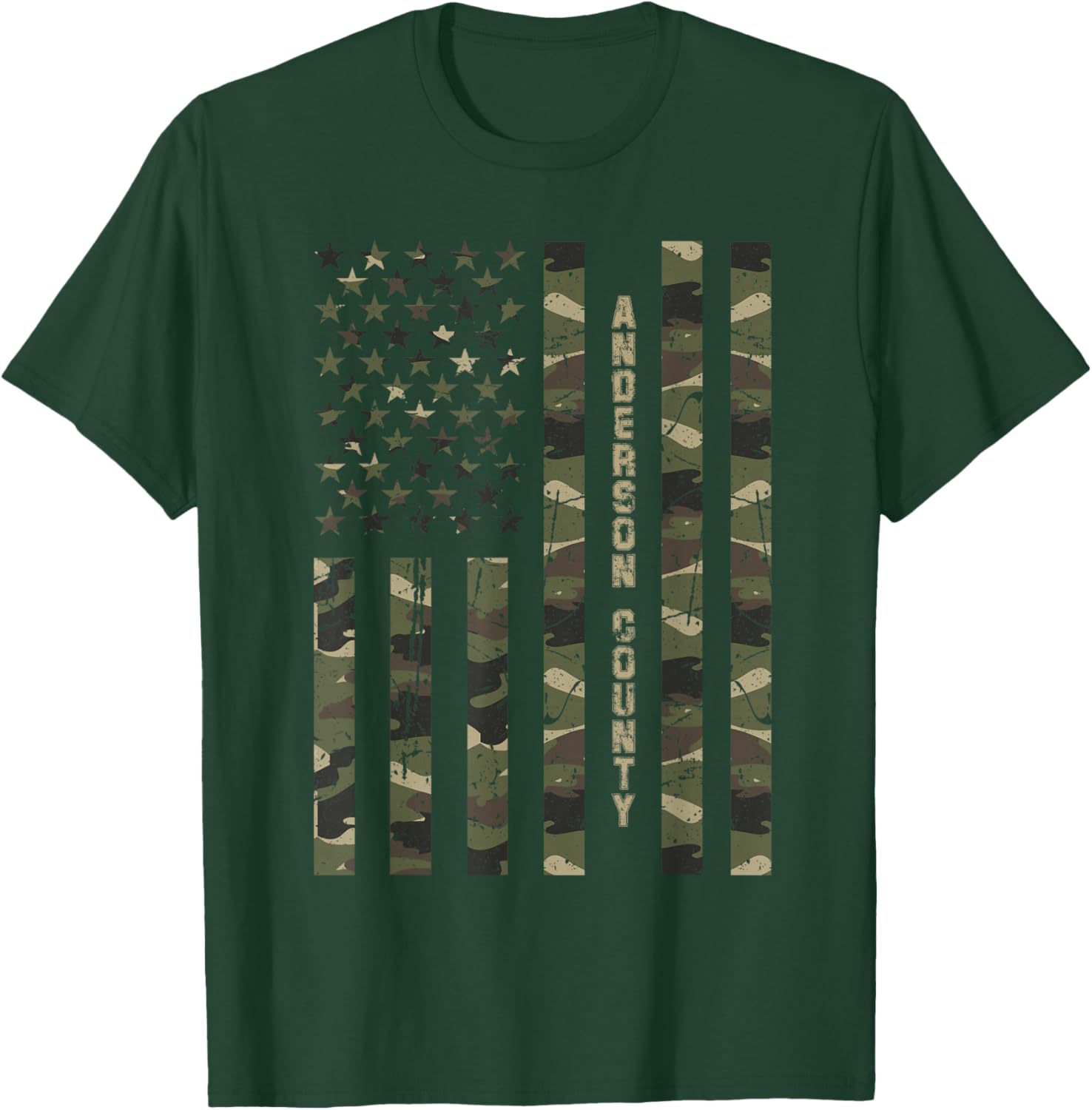 Anderson County United States Distressed Camo w US Flag T-Shirt - T-Shirt | Forest