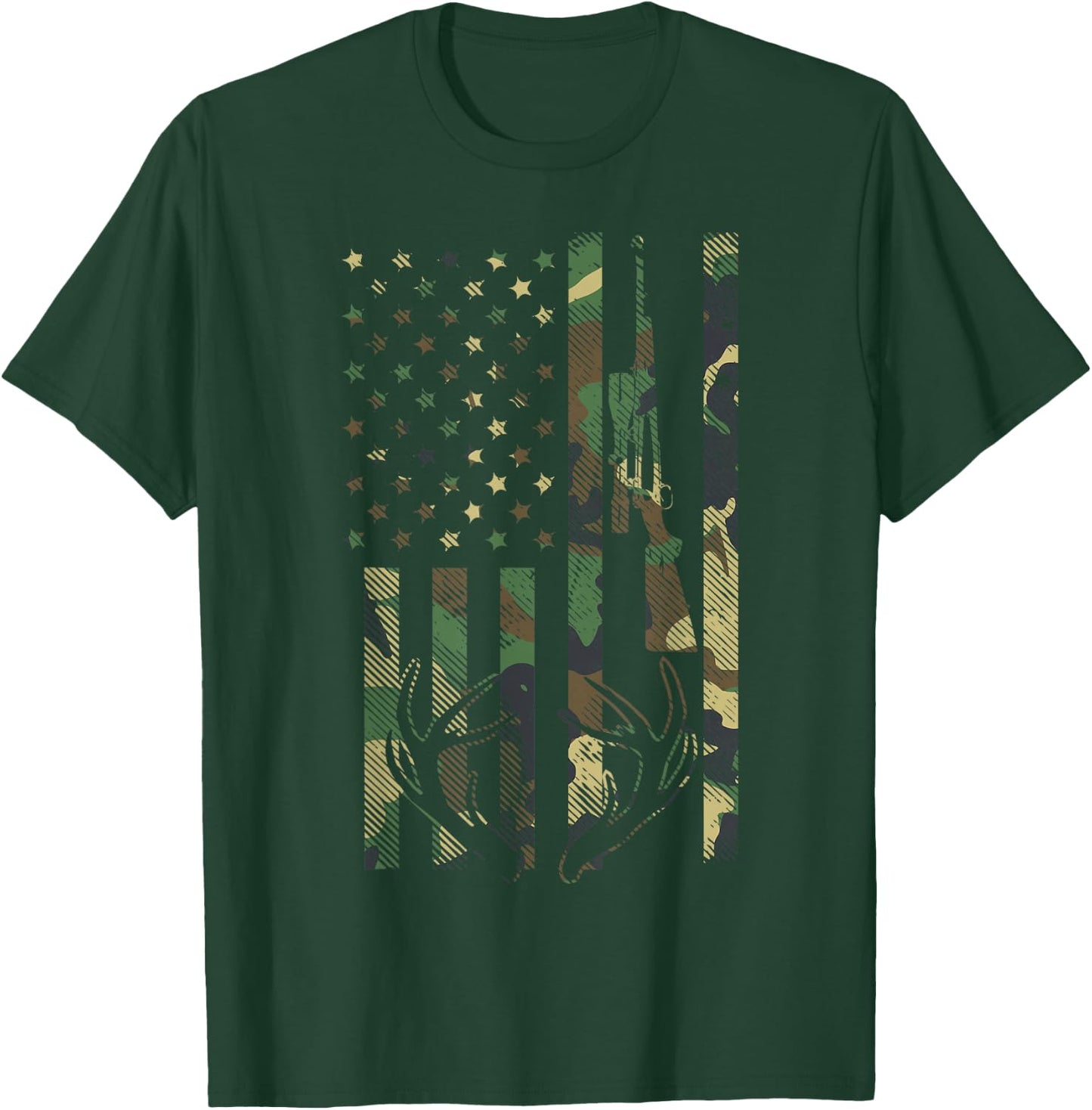 Camo American Flag Rifle Antler Deer Hunting Gun Hunter Gift T-Shirt - T-Shirt | Forest