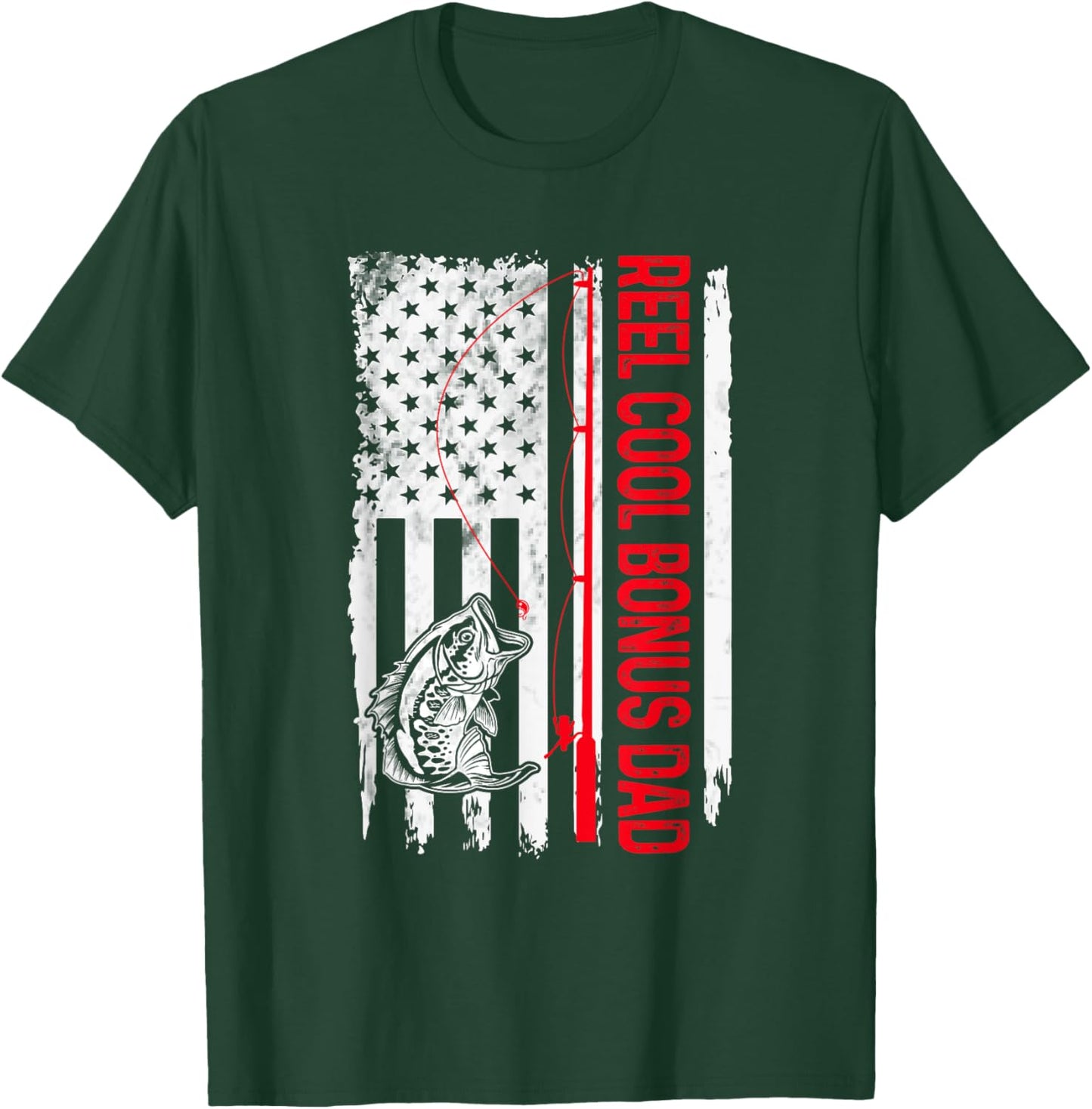Reel Cool Bonus Dad Fishing American Flag Funny Stepdad T-Shirt - T-Shirt | Forest