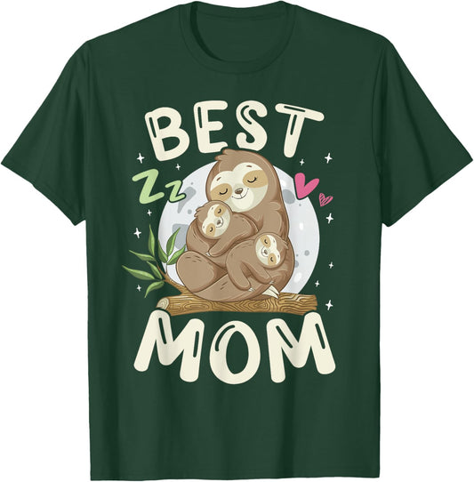Best Mom, Cute Sloths Family, Mother's Day Funny Pajama Top T-Shirt - T-Shirt | Forest