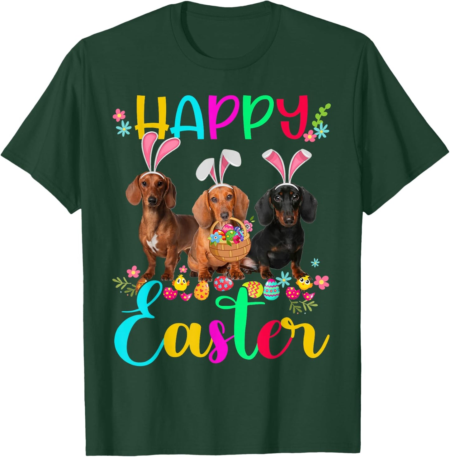 Happy Easter Three Dachshund Wearing Bunny Ear Gifts T-Shirt - T-Shirt | Forest