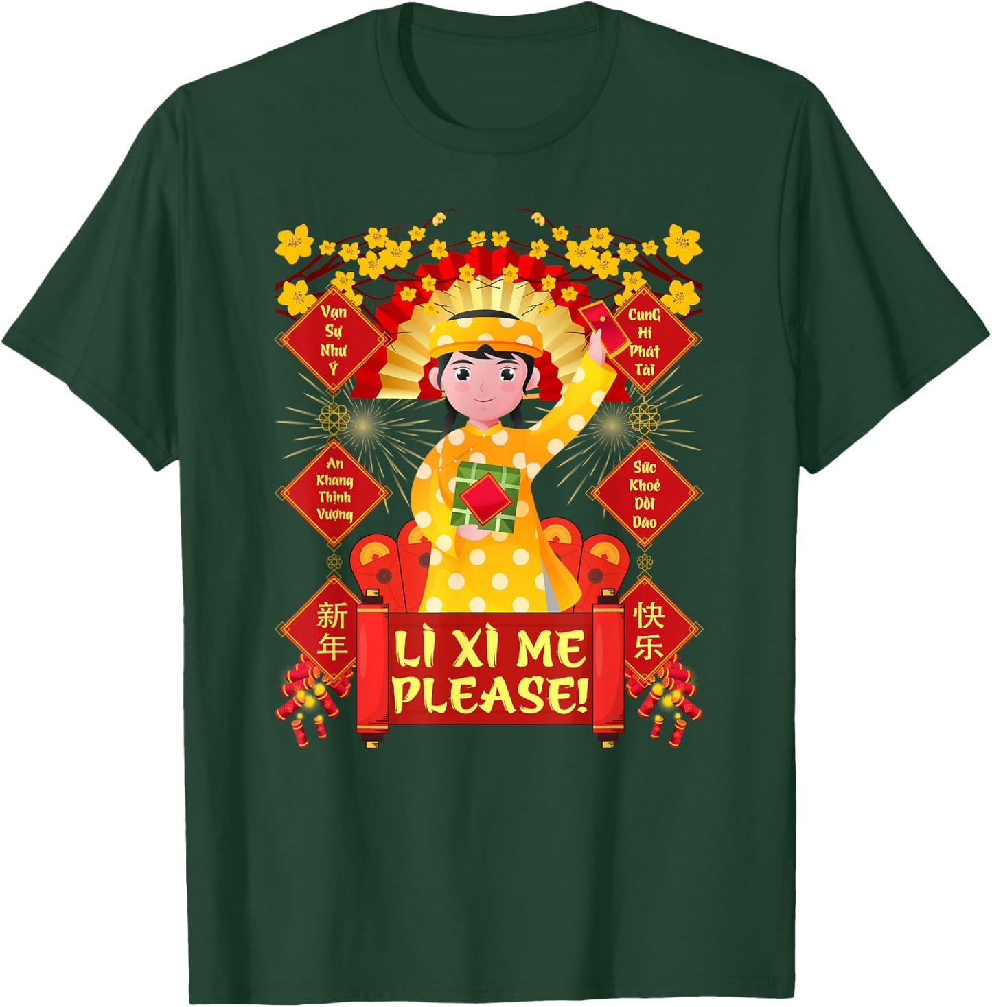 Funny Li Xi Me Please Vietnamese Red Cute Ao Dai Girl Kids T-Shirt - T-Shirt | Forest
