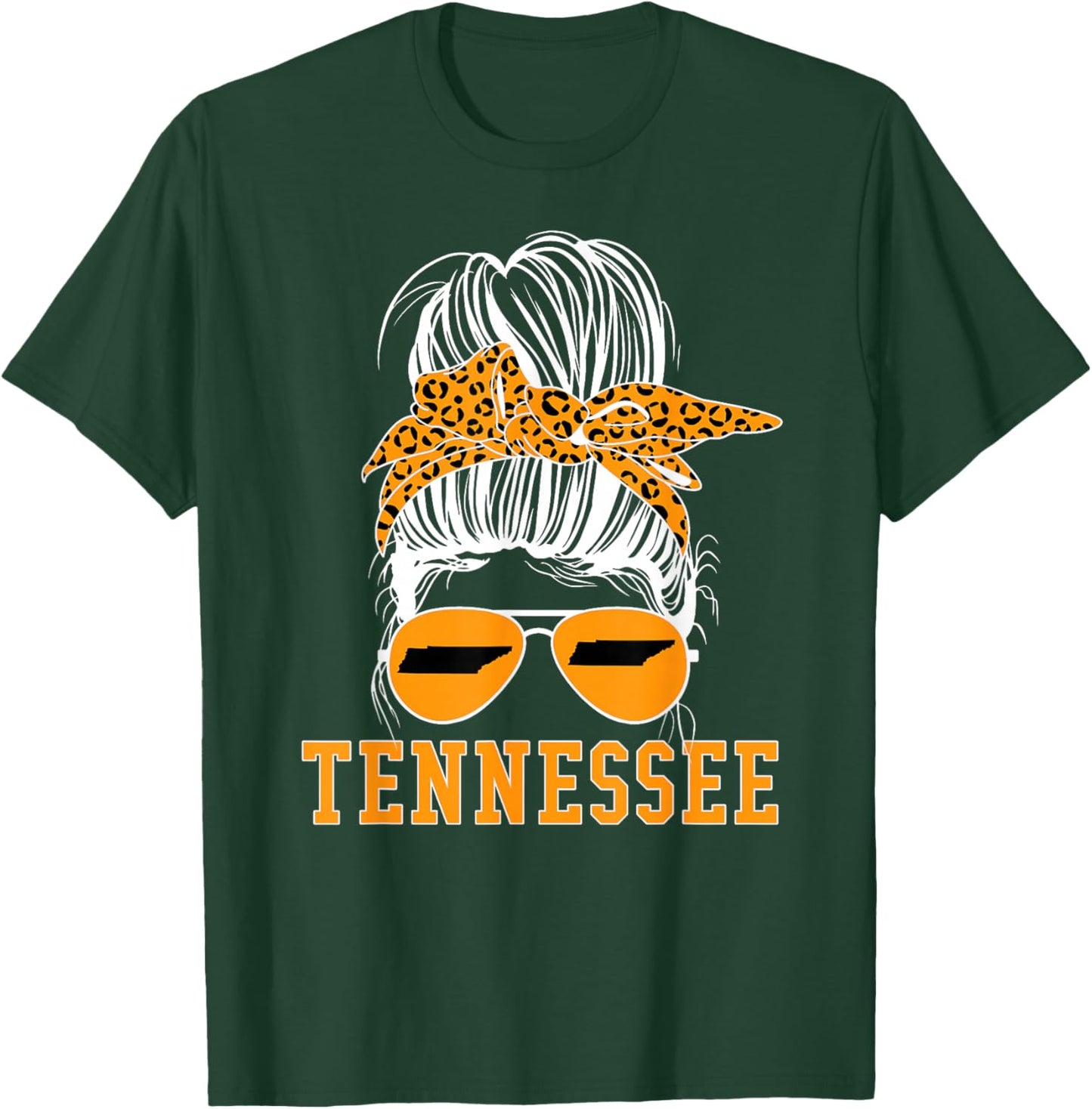 Tennessee TN State Women Leopard Messy Bun Orange Text T-Shirt - T-Shirt | Forest