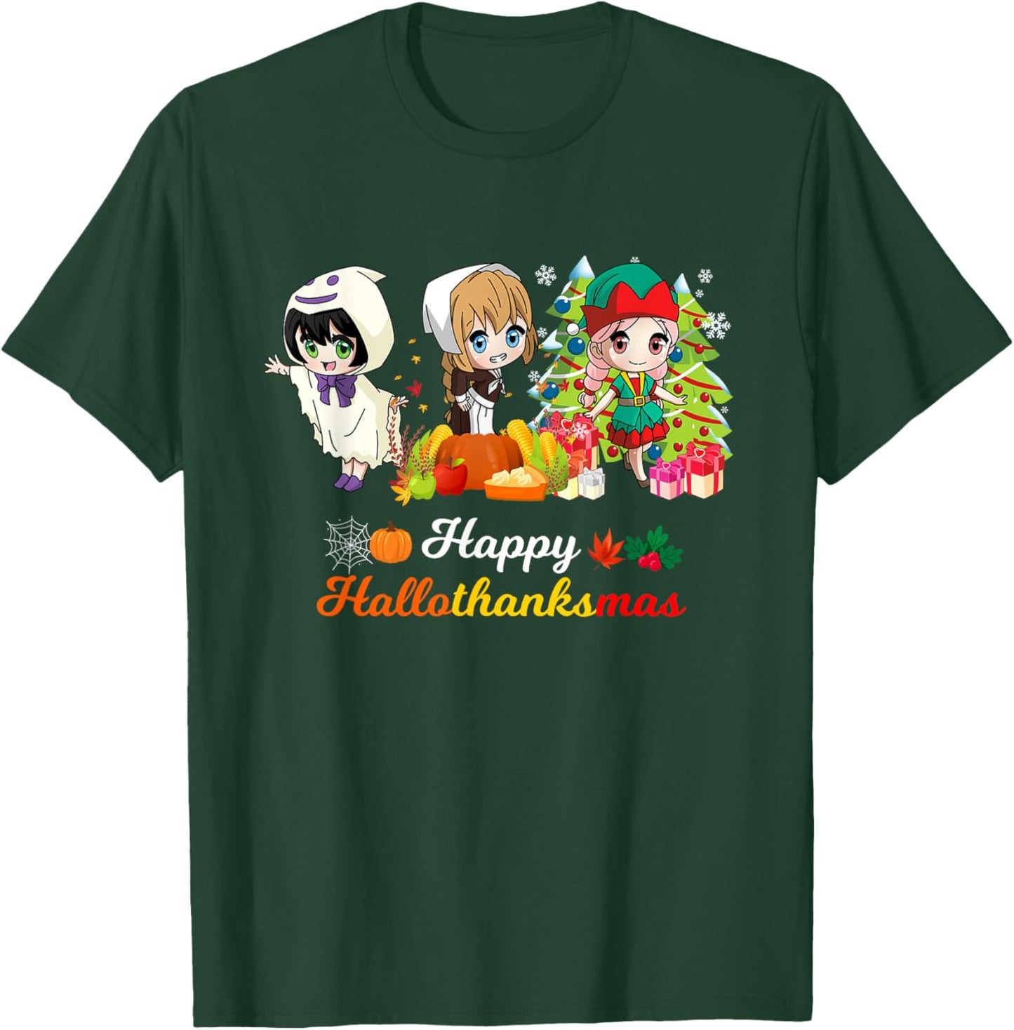 Halloween Thanksgiving Christmas Hallothanksmas Anime Girl T-Shirt - T-Shirt | Forest