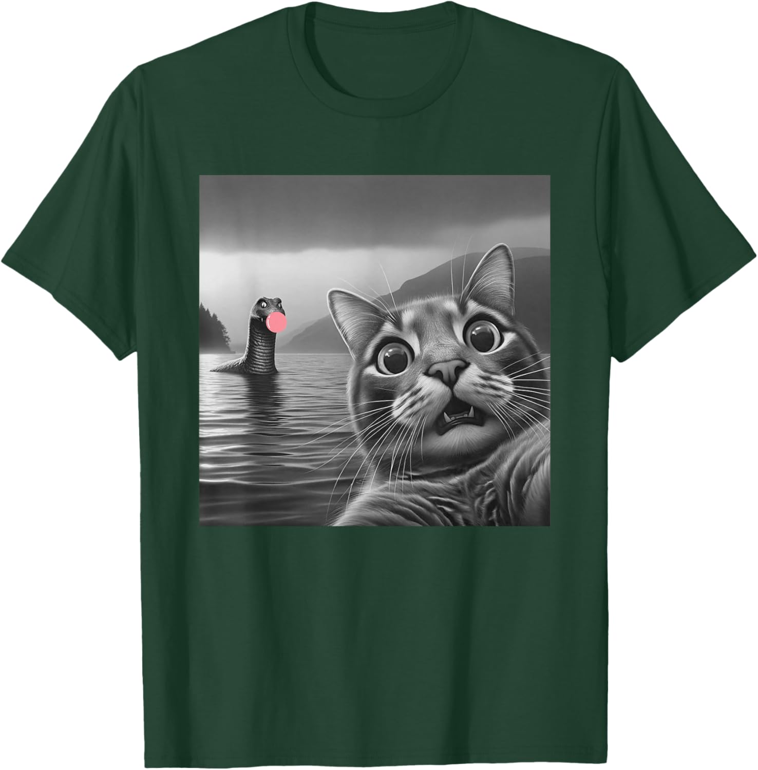 Funny Surprised Cat Selfie with Loch Ness Monster, Bubble Women Girls Kids T-Shirt - T-Shirt | Forest