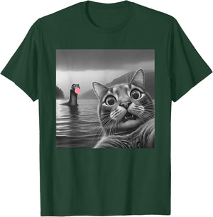 Funny Surprised Cat Selfie with Loch Ness Monster, Bubble Women Girls Kids T-Shirt - T-Shirt | Forest