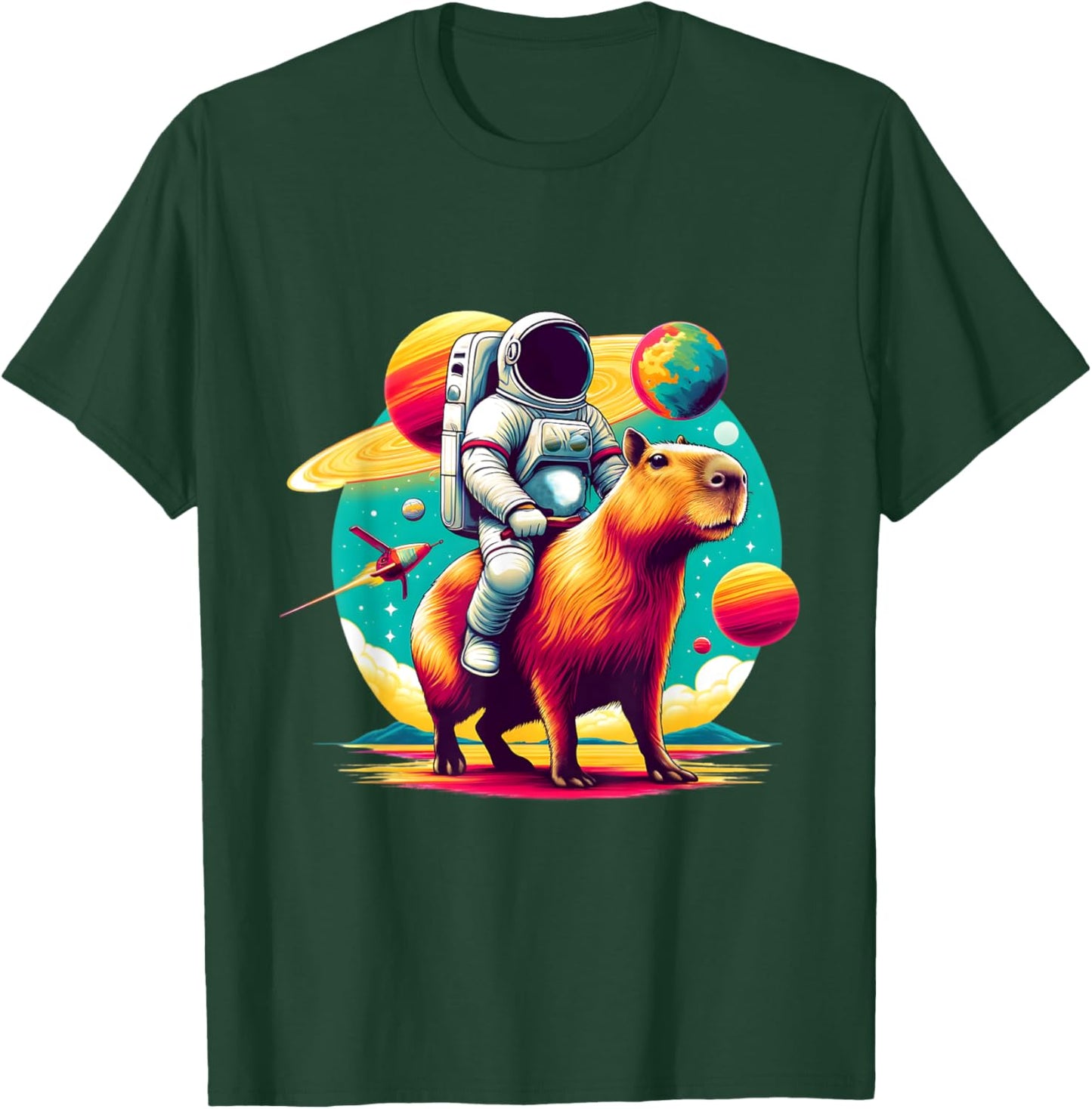Space Astronaut Riding Capybara Lover Men Boys Funny Graphic T-Shirt - T-Shirt | Forest