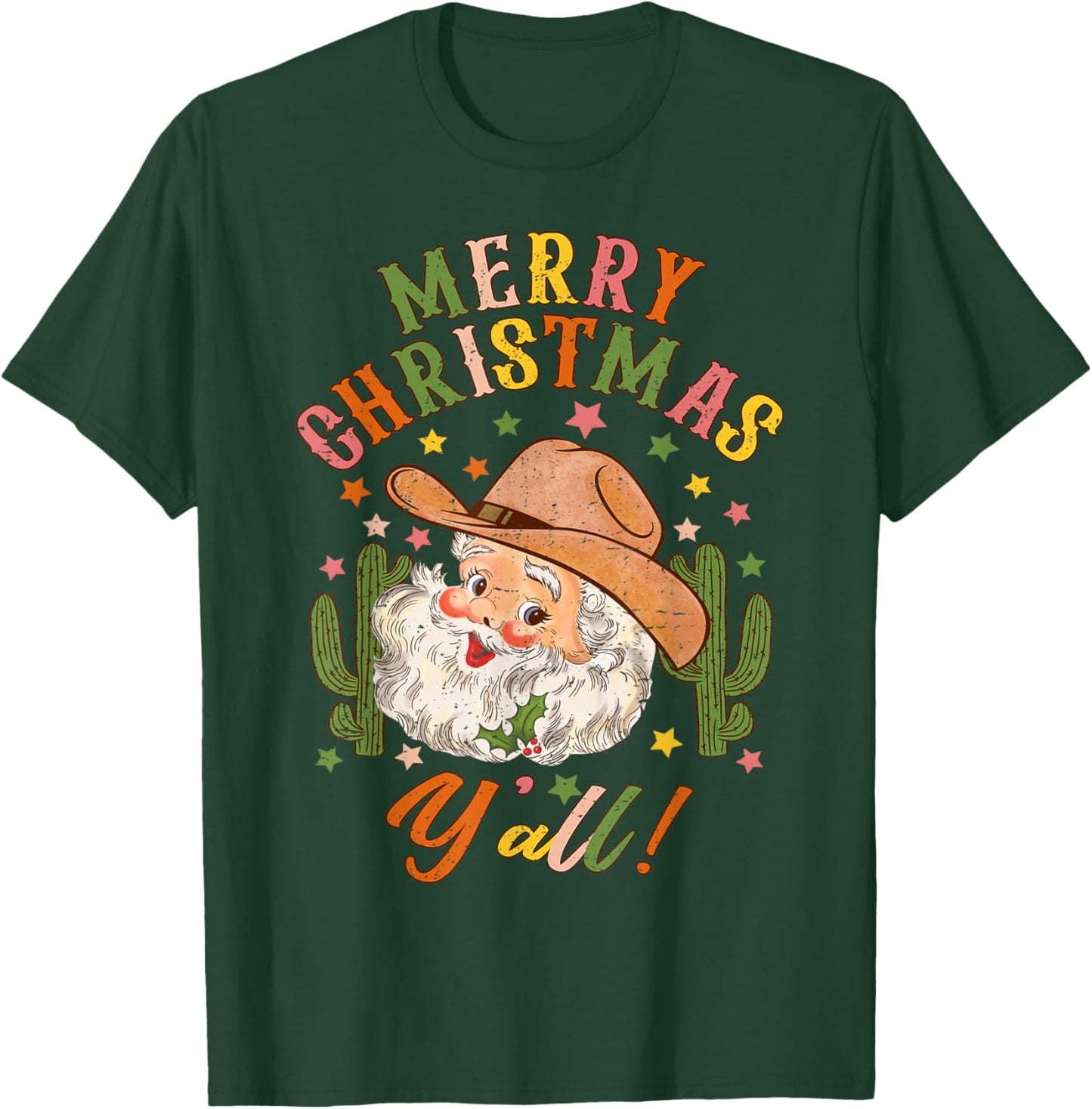 Merry Christmas Y'all Howdy Santa Cowgirl Cowboy Hat Xmas T-Shirt - T-Shirt | Forest