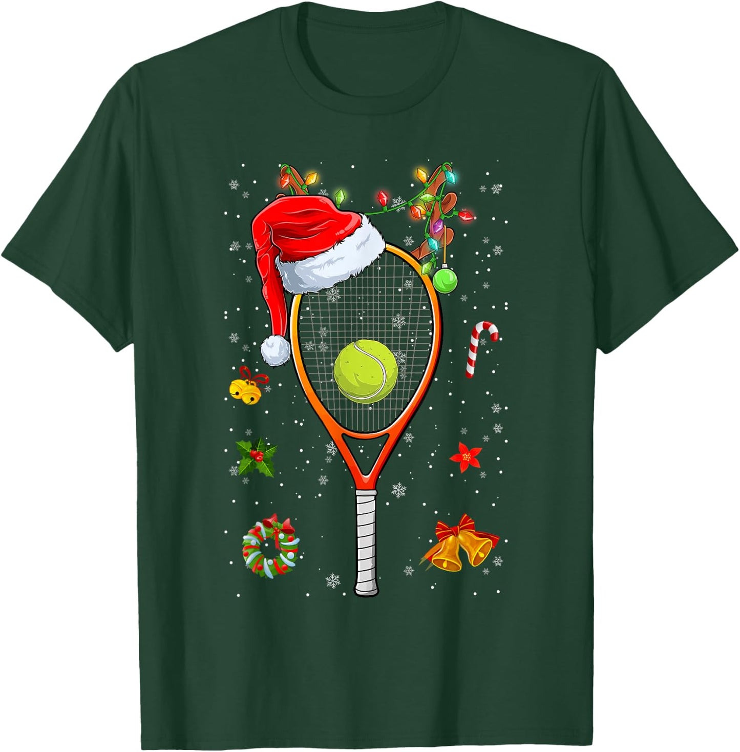 Funny Tennis Racket Reindeer Santa Hat Christmas Lights Xmas T-Shirt - T-Shirt | Forest
