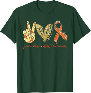 Peace Love Cure ADHD Awareness T-Shirt - T-Shirt | Forest