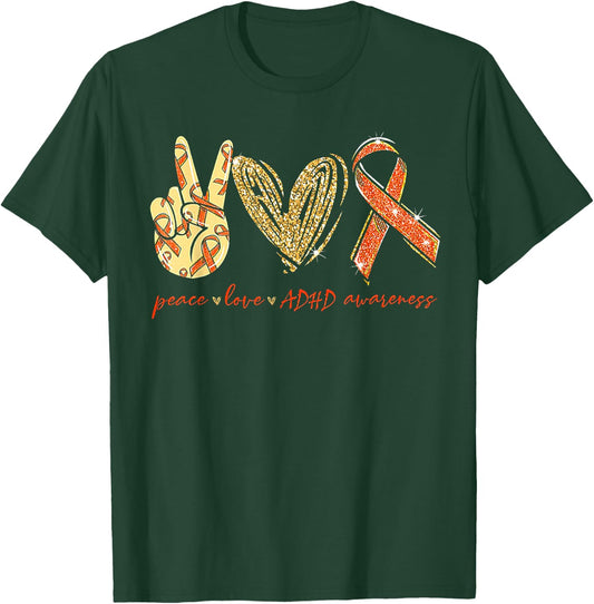 Peace Love Cure ADHD Awareness T-Shirt - T-Shirt | Forest