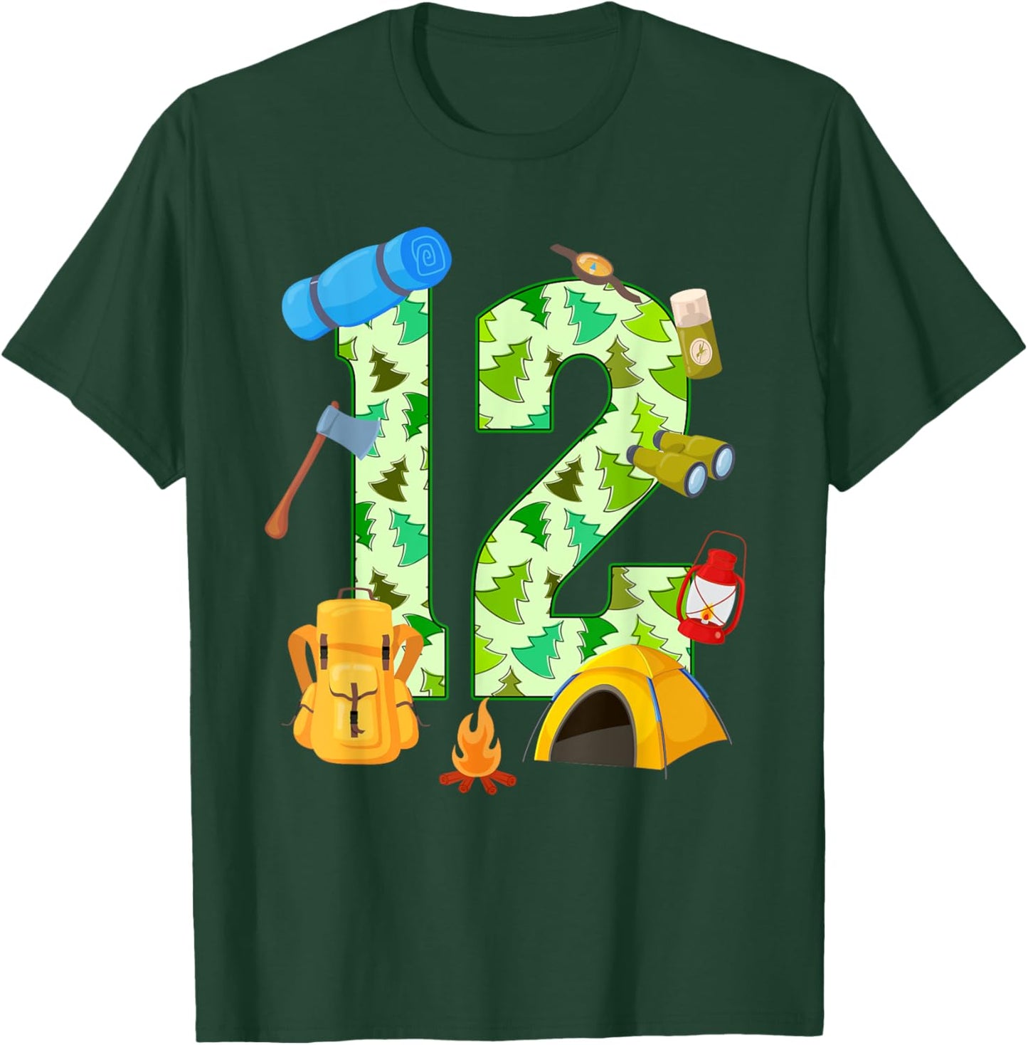 12th Birthday Camping Theme 12 Year Old Birthday Kids T-Shirt - T-Shirt | Forest