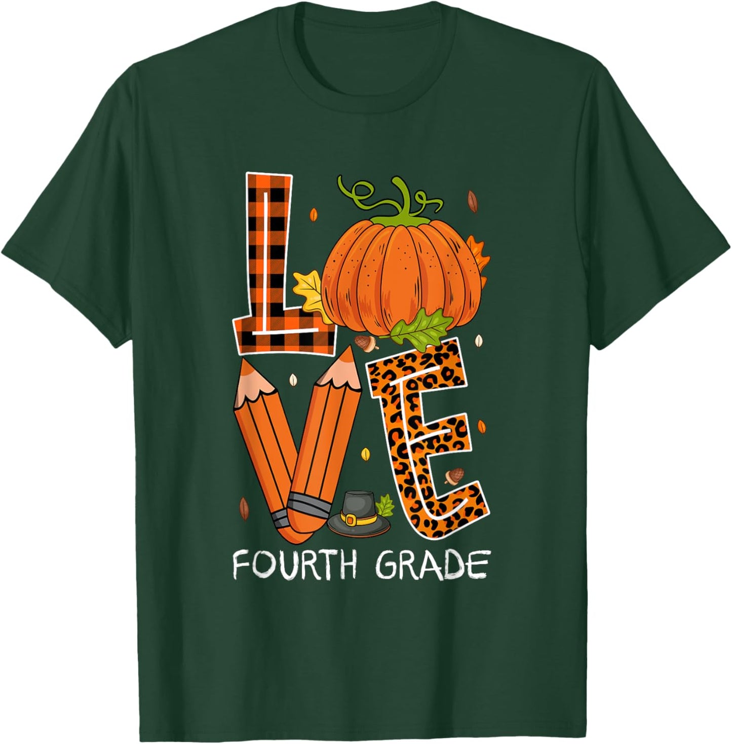 Love Fourth Grade Costume Pumpkin Pencils Thanksgiving Fall T-Shirt - T-Shirt | Forest