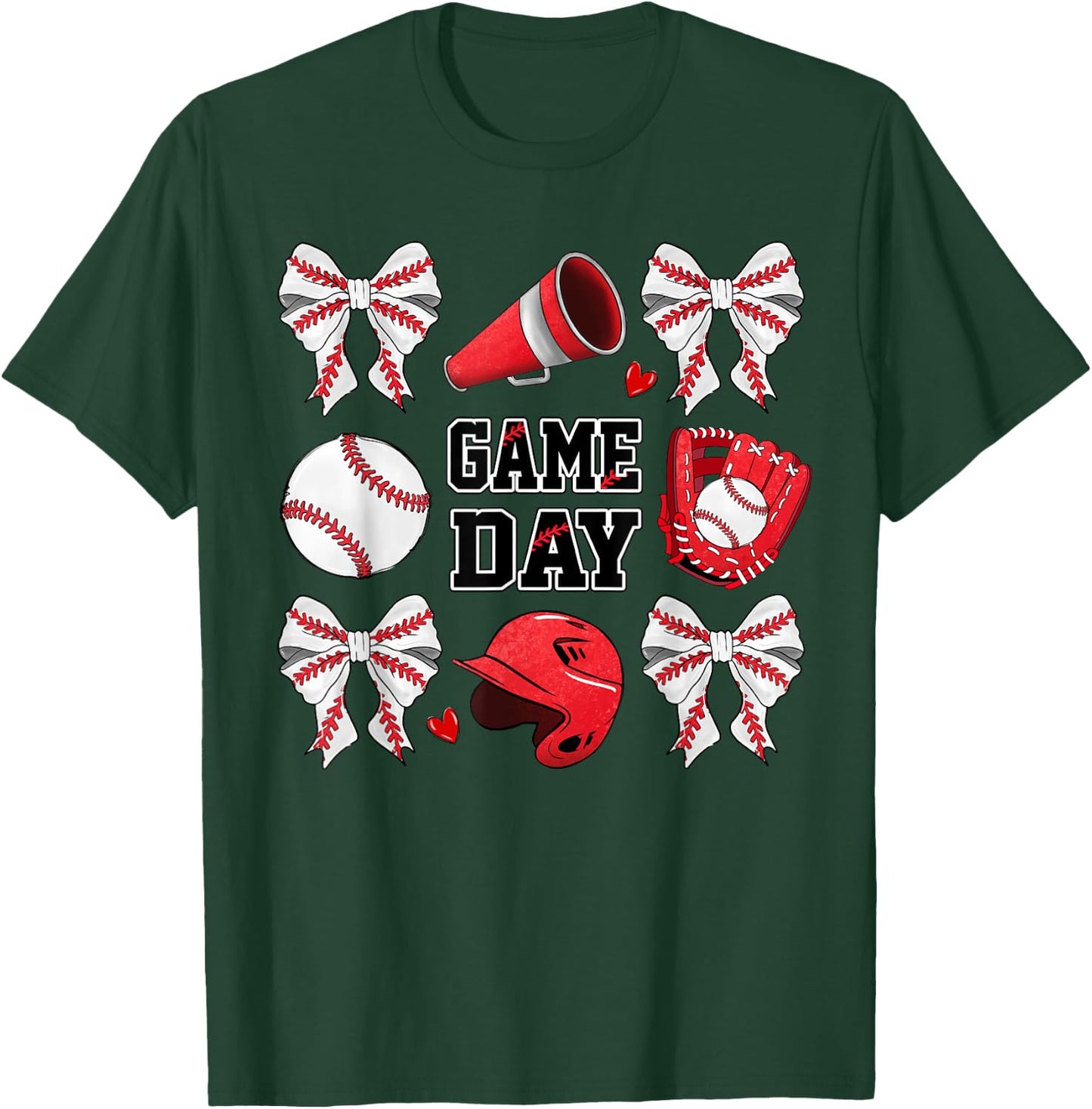 Game Day Baseball Bow Coquette Funny Baseball Lovers T-Shirt - T-Shirt | Forest