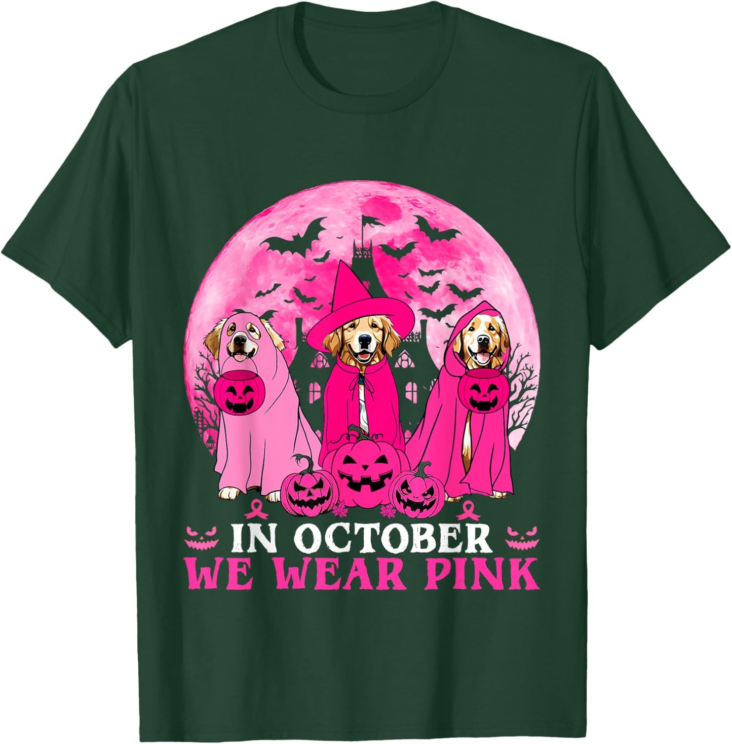 Ghost And Witch Golden Retriever In October We Wear Pink T-Shirt - T-Shirt | Forest