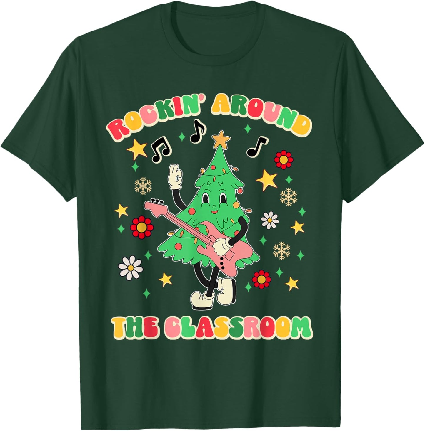 Teacher Christmas Gifts Shirts Pajama Matching Rockin' Around The Classroom -Adult Black Short Sleeve Small Modern Festive Christmas Teacher Xmas Vibes T-Shirt - T-Shirt | Forest