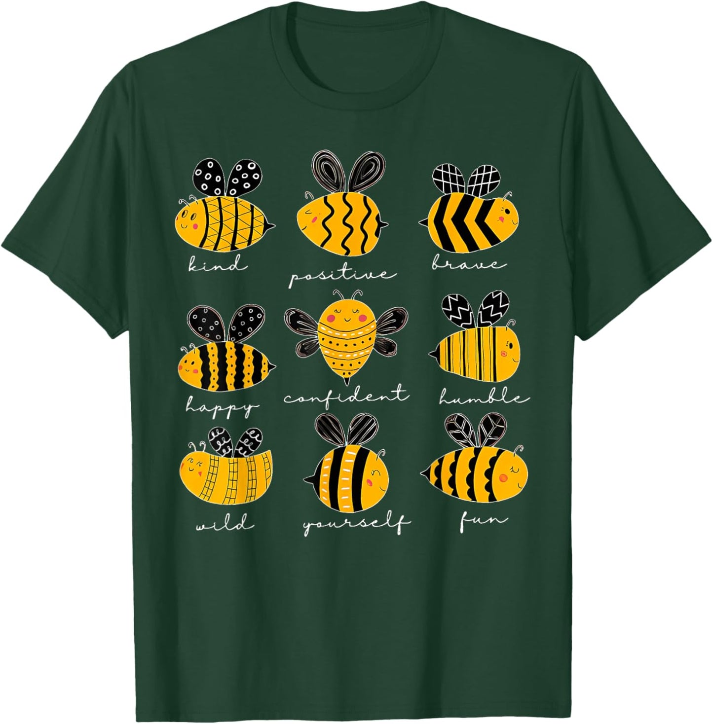 Bee Kind Positive Brave Happy Confident Humble Teacher T-Shirt - T-Shirt | Forest