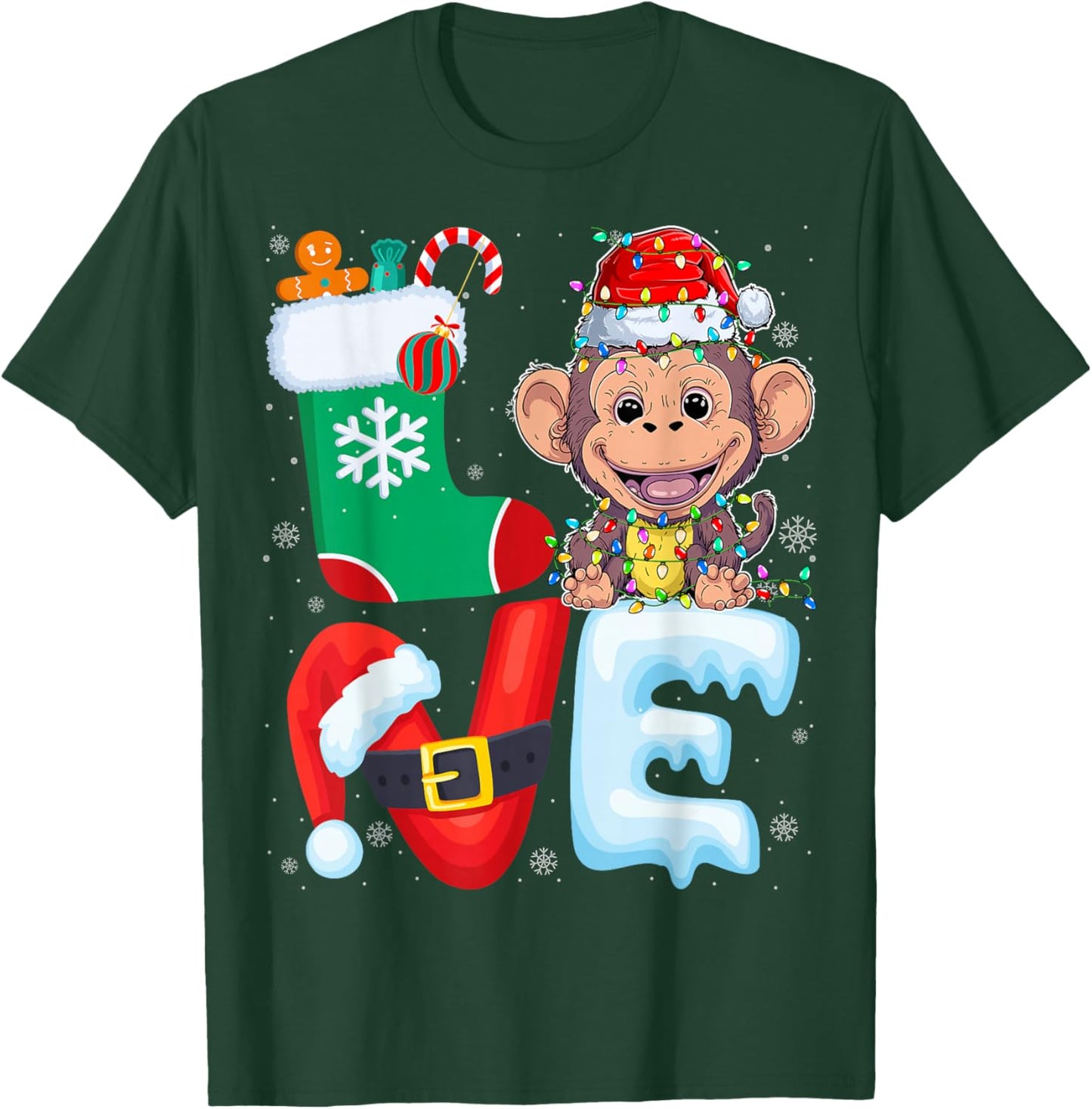 Monkey Wearing Santa Hat Xmas Lights Tree Christmas Monkey T-Shirt - T-Shirt | Forest