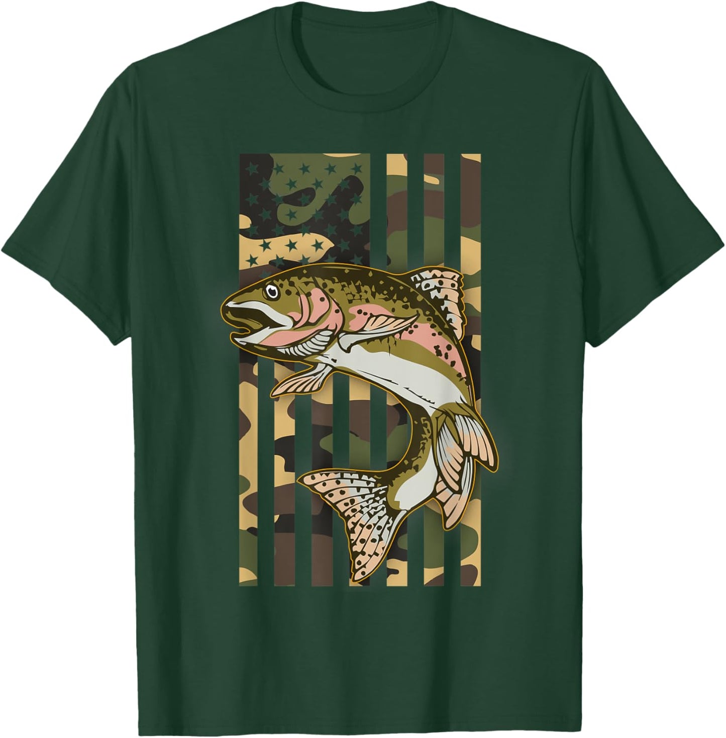 Trout Fishing Camo American Flag Rainbow Trout Fisherman T-Shirt - T-Shirt | Forest