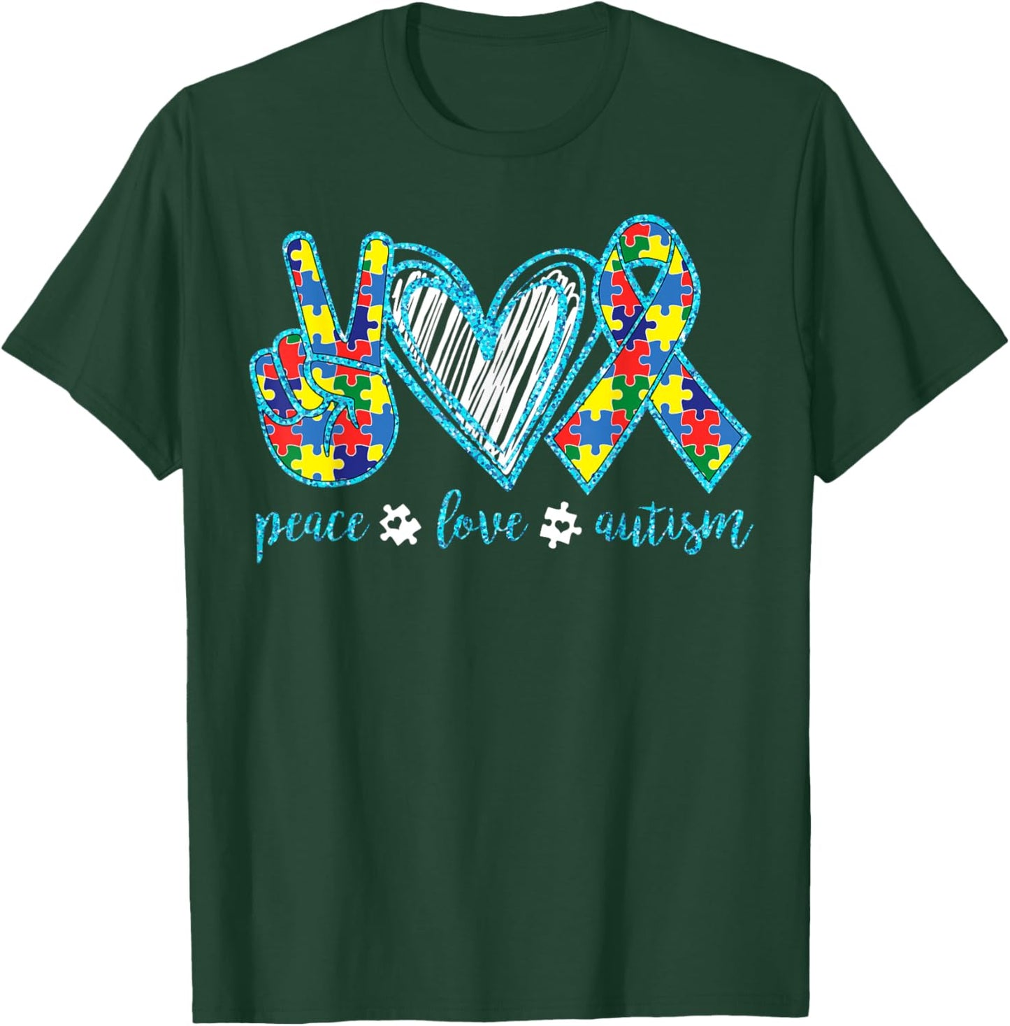 Autism Puzzle Piece Peace Love Autism Awareness T-Shirt - T-Shirt | Forest