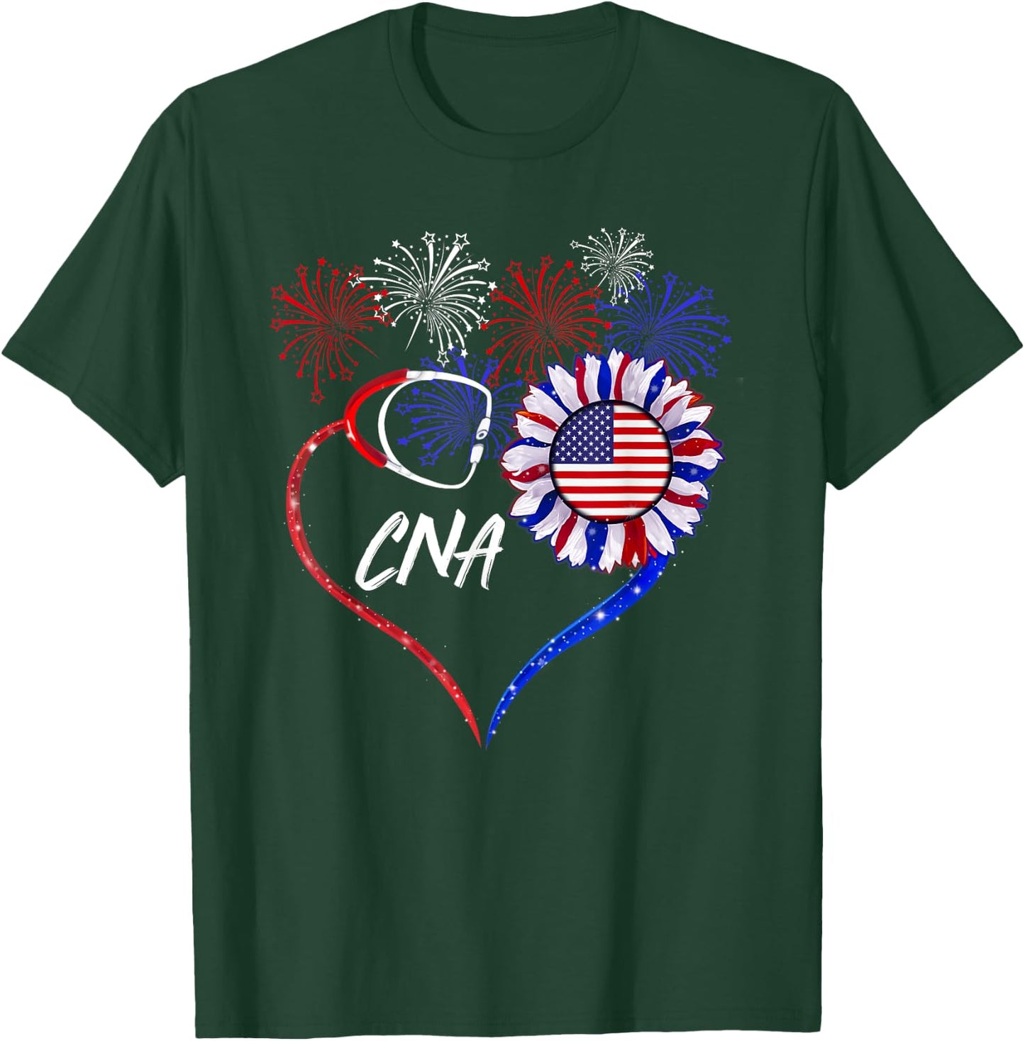 Patriotic Nurse CNA 4th Of July American Flag Sunflower Love Women Men T-Shirt - T-Shirt | Forest