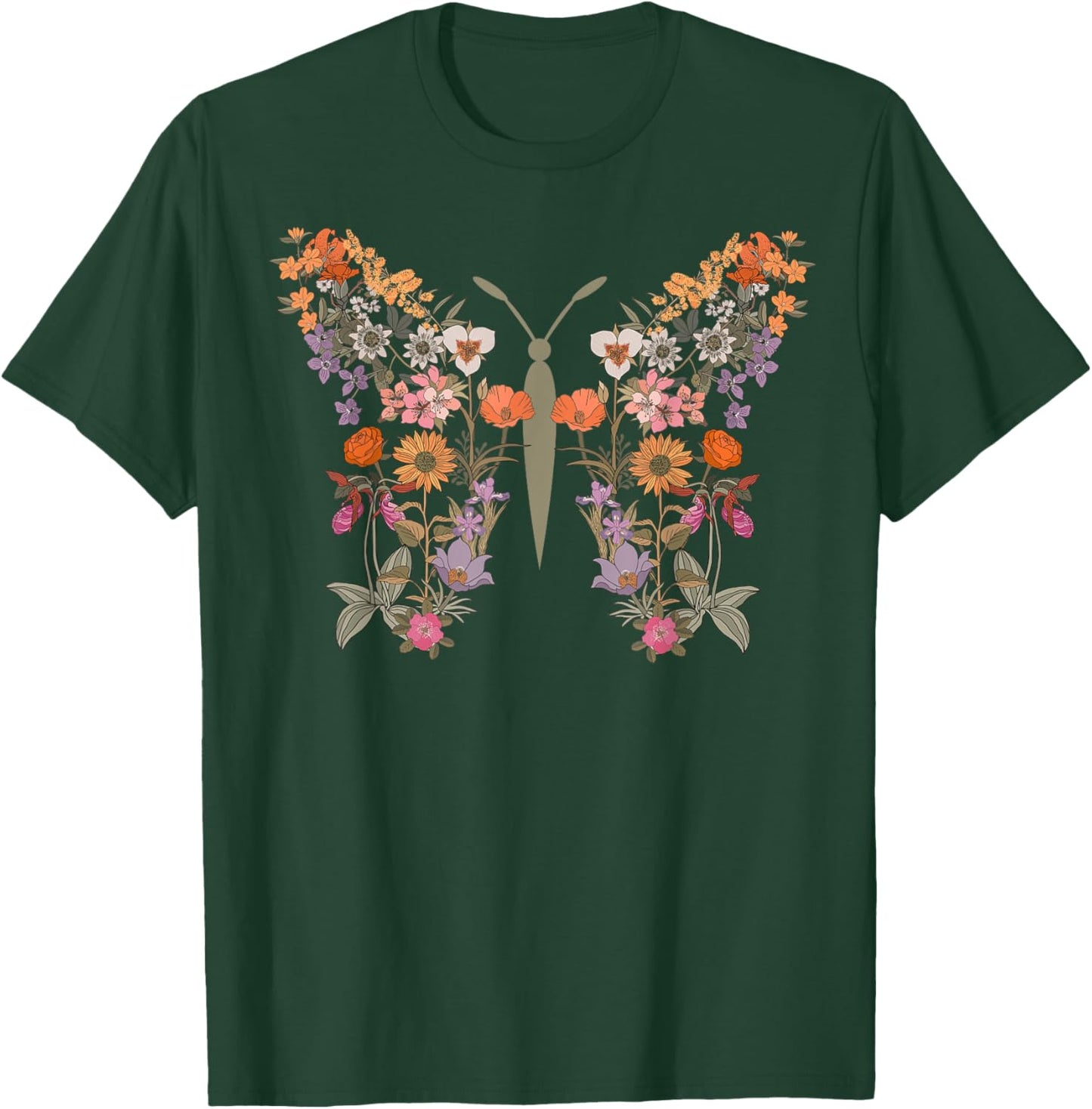 Women Boho Wildflower Summer Flowers Butterfly Shape Graphic T-Shirt - T-Shirt | Forest