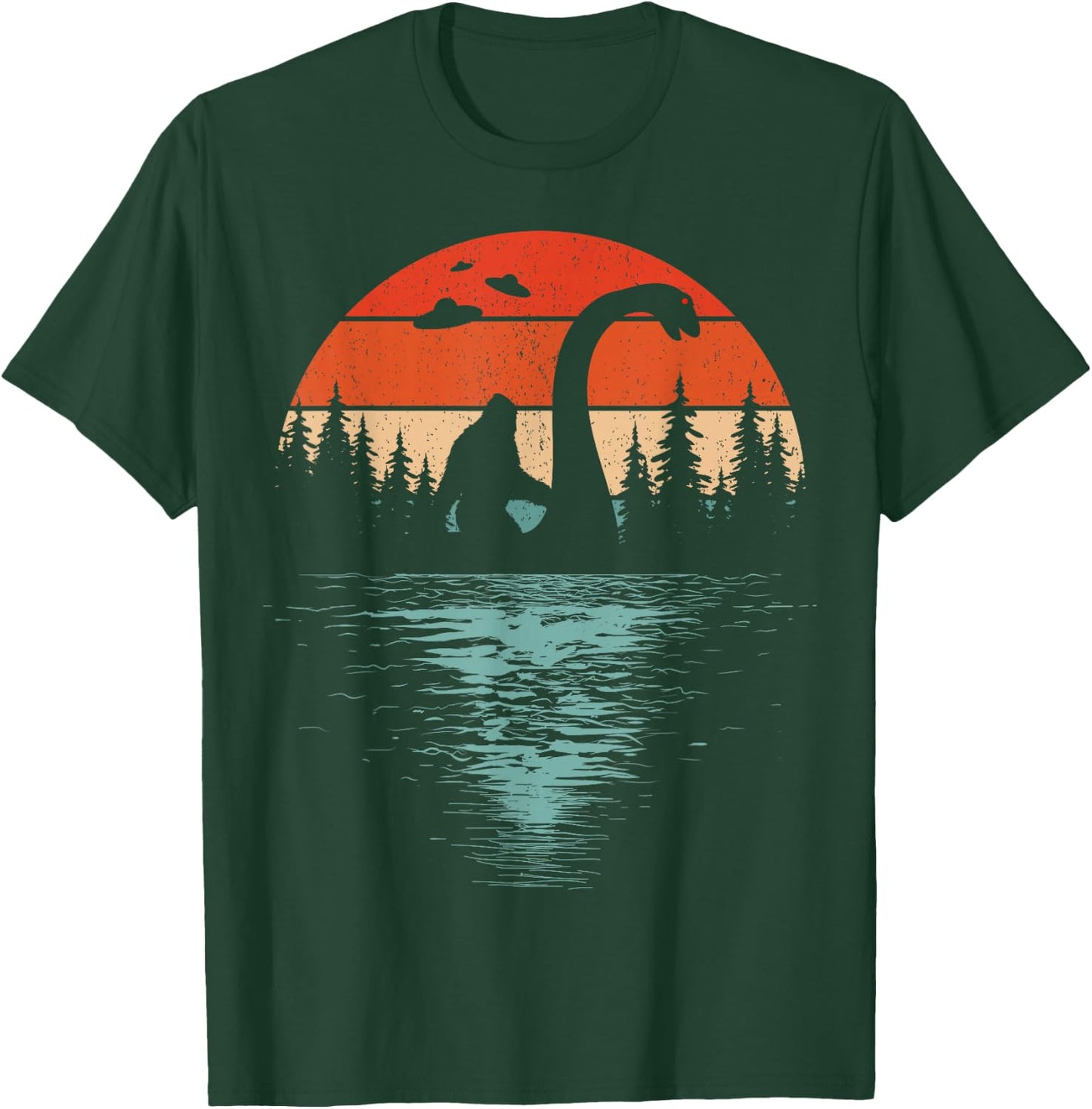 Bigfoot Riding Loch Ness Monster 80s Funny Sasquatch Nessie T-Shirt - T-Shirt | Forest