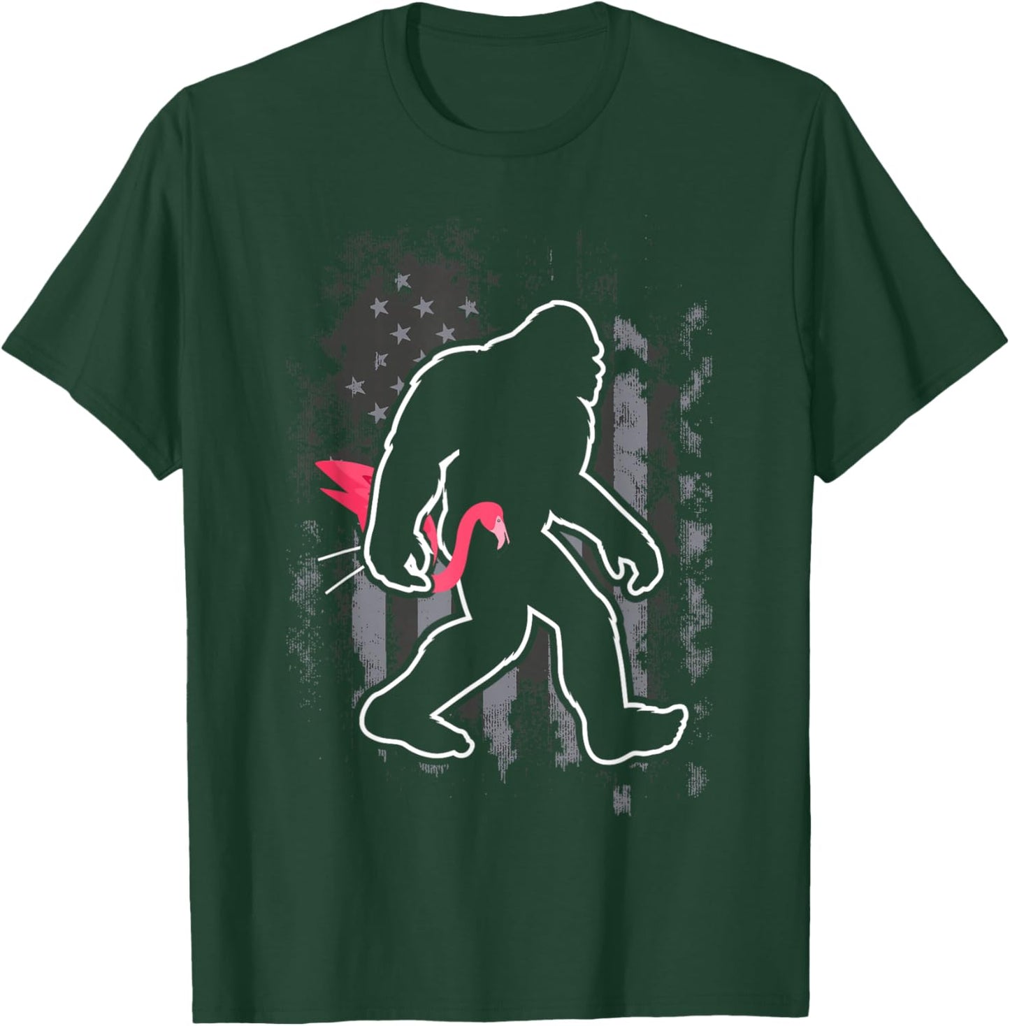 Bigfoot Carrying Lawn Flamingo Funny Sasquatch T-Shirt - T-Shirt | Forest