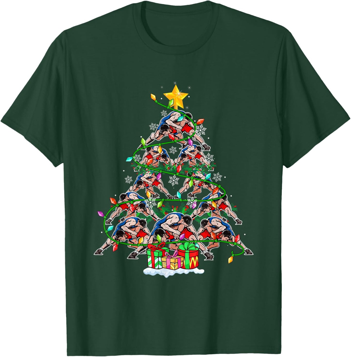 Funny Wrestling Xmas Tree Lights Sport Christmas Pajama T-Shirt - T-Shirt | Forest