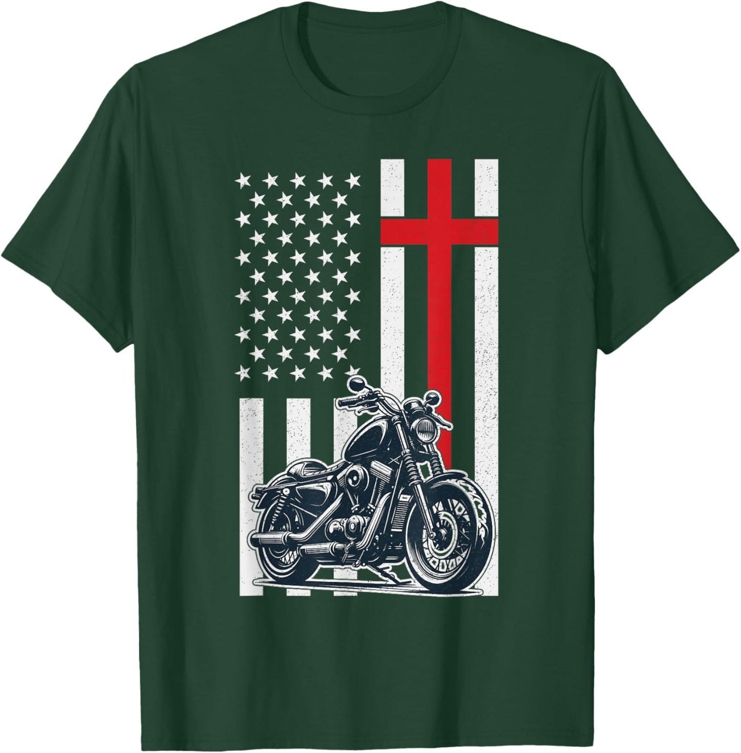 Christian Biker Motorcycle American Flag Cross T-Shirt - T-Shirt | Forest