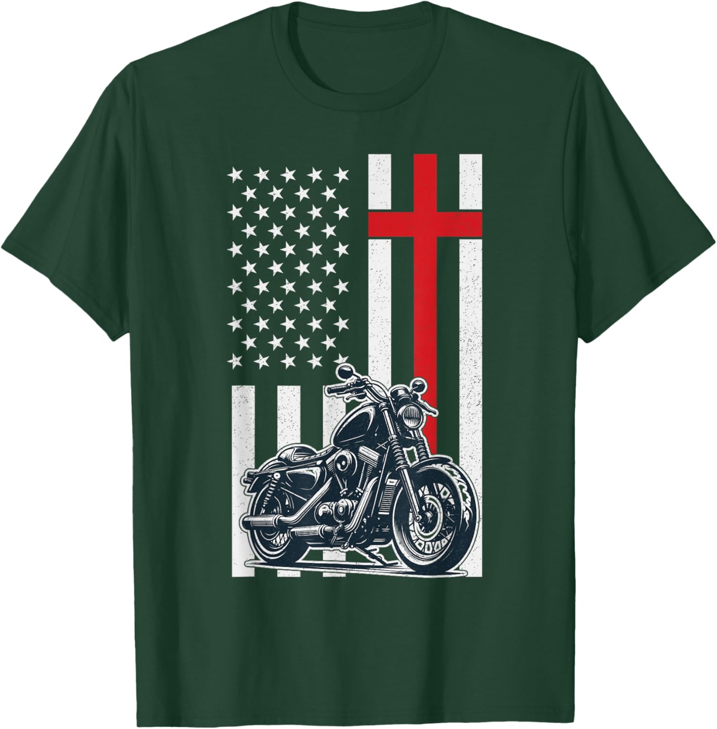 Christian Biker Motorcycle American Flag Cross T-Shirt - T-Shirt | Forest